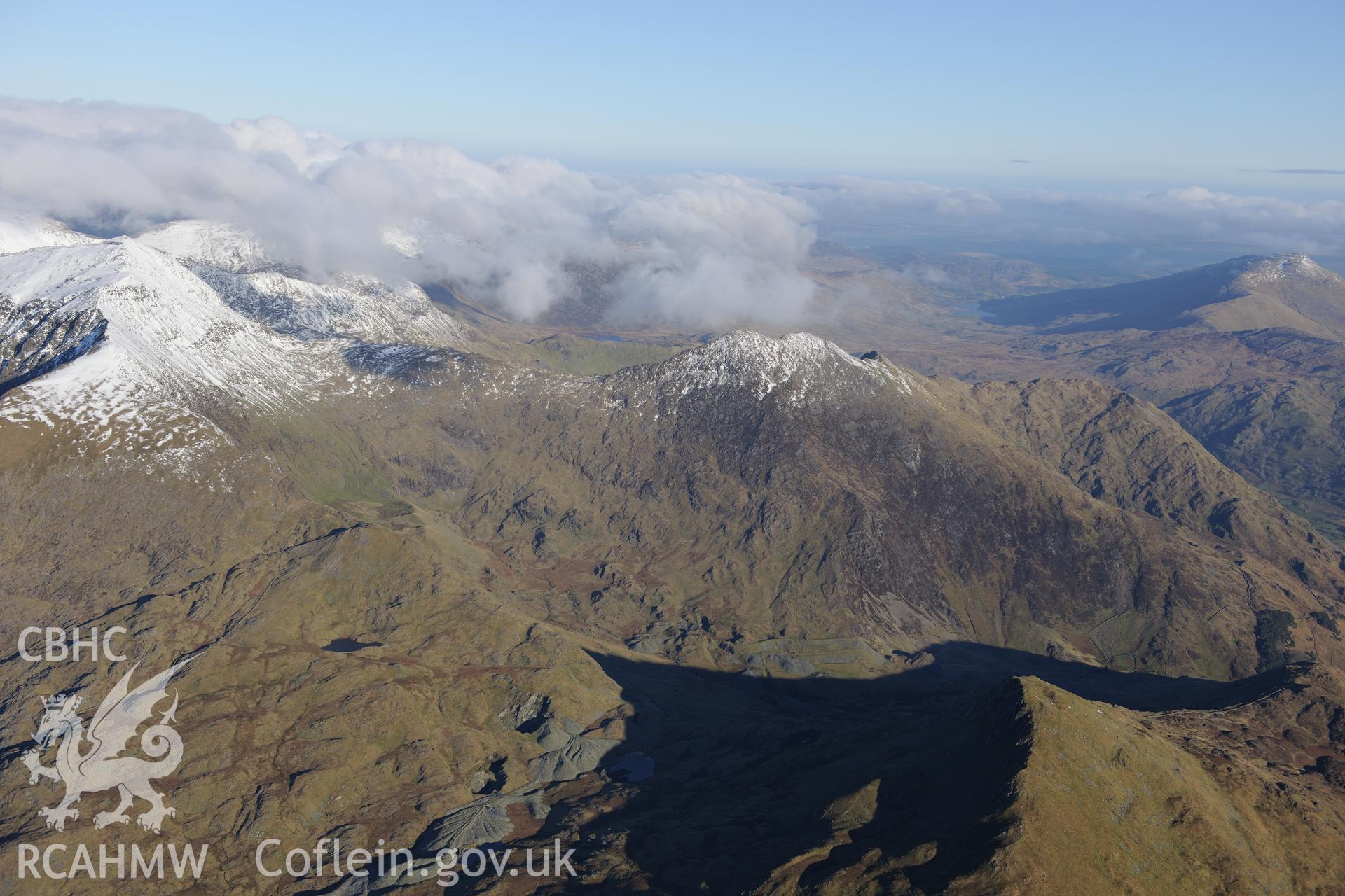 RCAHMW colour oblique photograph of Hafod y Llan slate quarry, mountain landscape from west. Taken by Toby Driver on 10/12/2012.