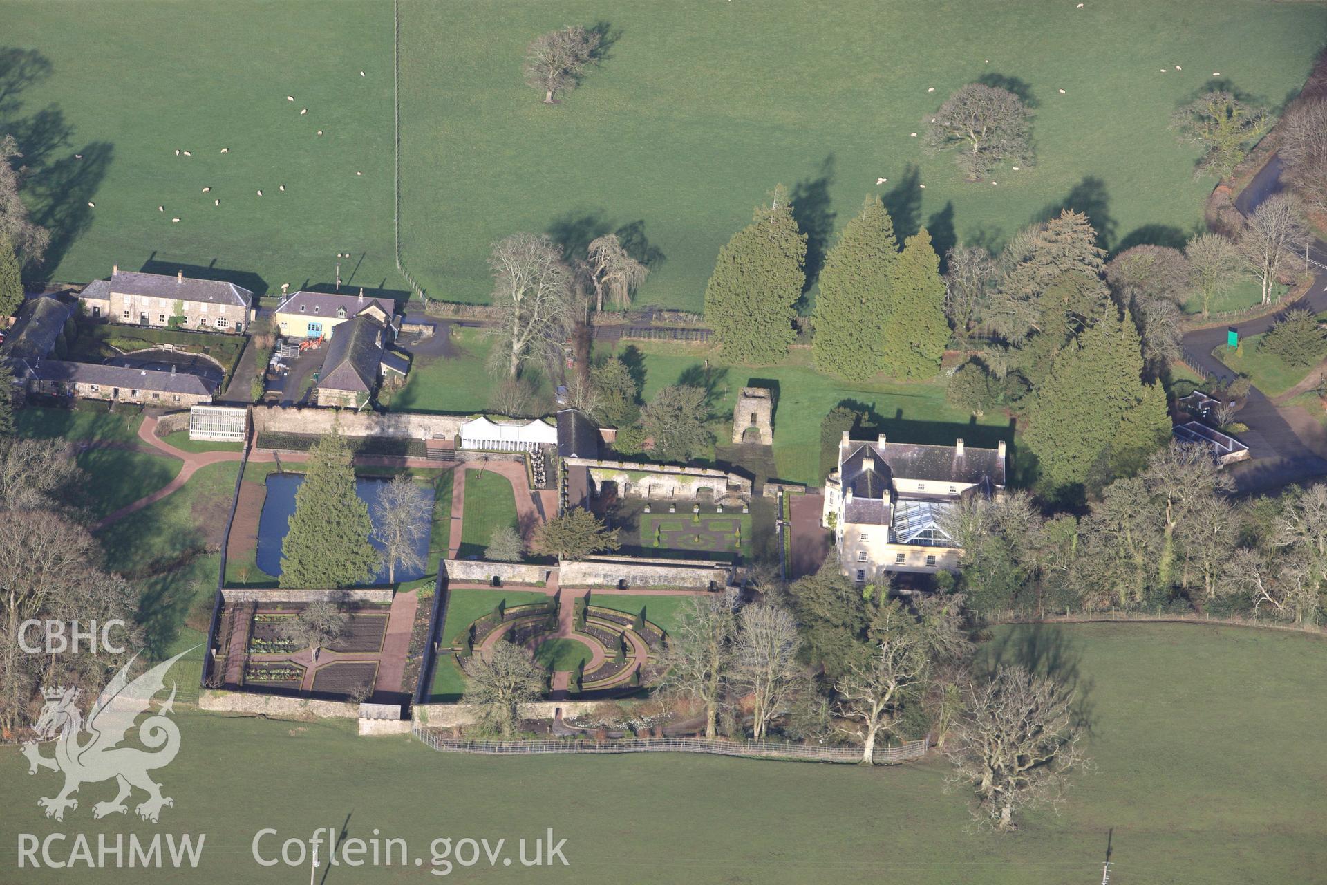 RCAHMW colour oblique photograph of Aberglasney House. Taken by Toby Driver on 27/01/2012.