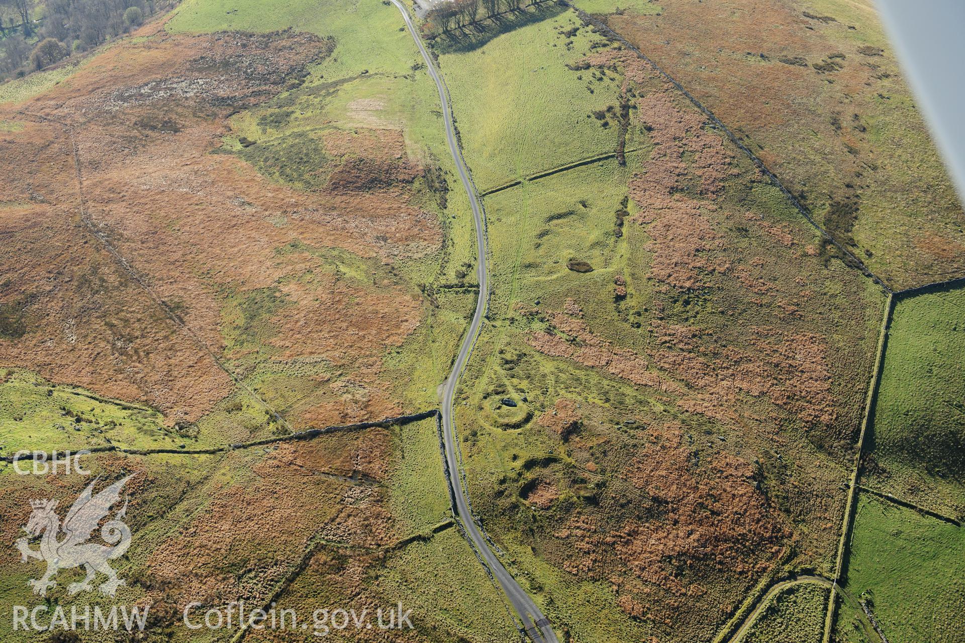 RCAHMW colour oblique photograph of Careg y Bwci, Roman signal station, and quarry pits of Roman road. Taken by Toby Driver on 05/11/2012.