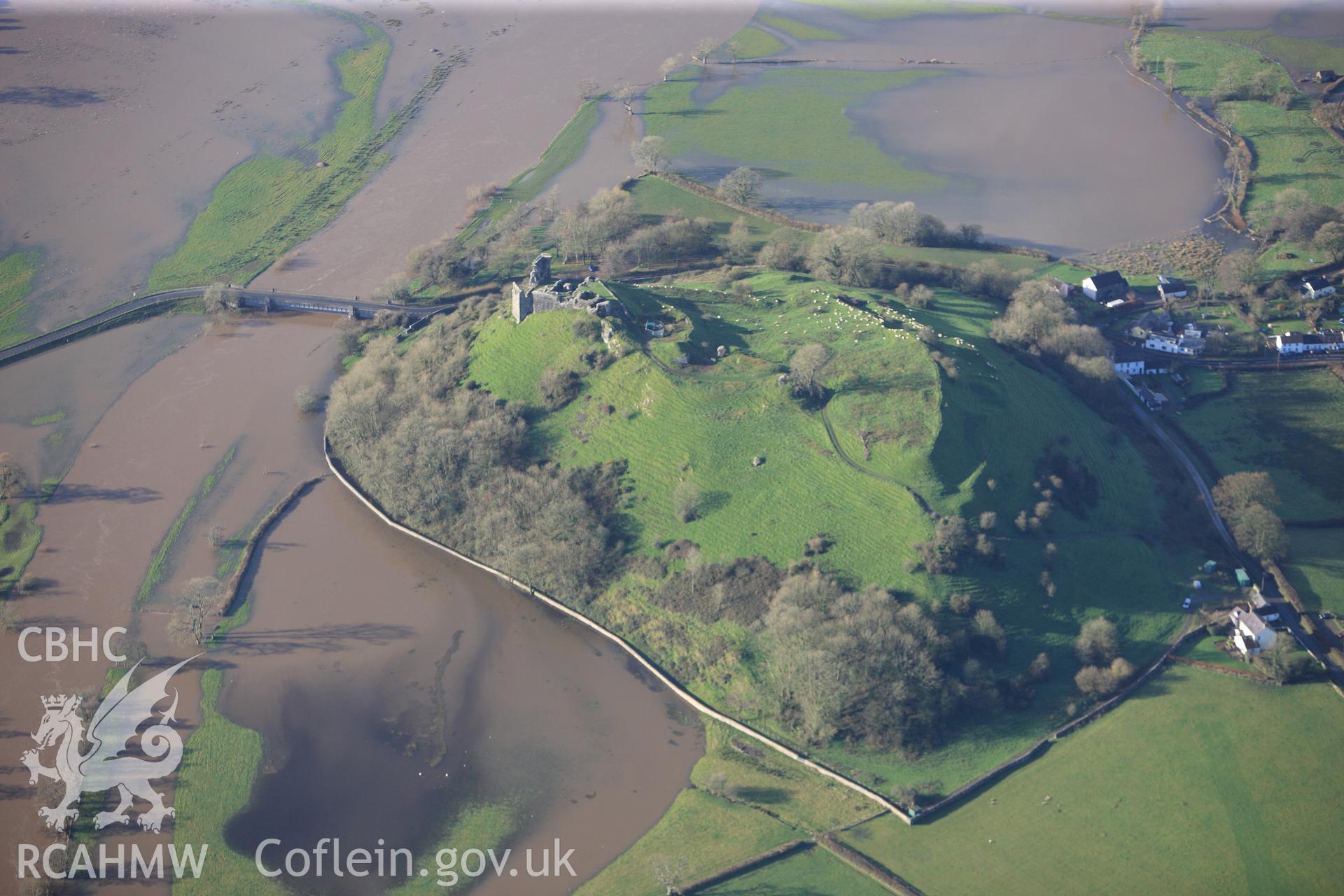 RCAHMW colour oblique photograph of Dryslwyn Castle, with flooding on the River Tywi, view from east. Taken by Toby Driver on 23/11/2012.