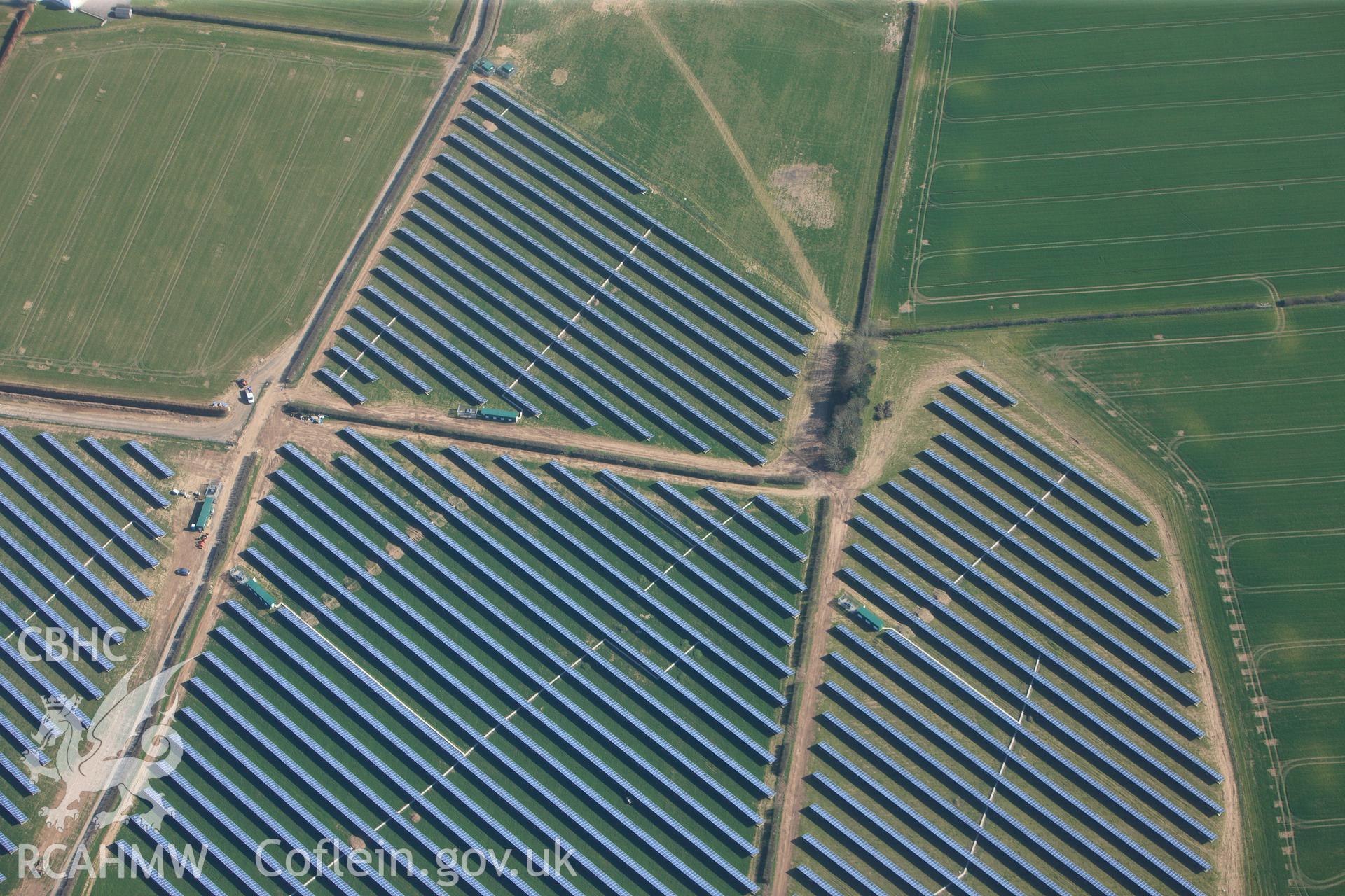 RCAHMW colour oblique photograph of Gwehelog Roman temple, Llancayo Farm, and solar farm. Taken by Toby Driver and Oliver Davies on 28/03/2012.