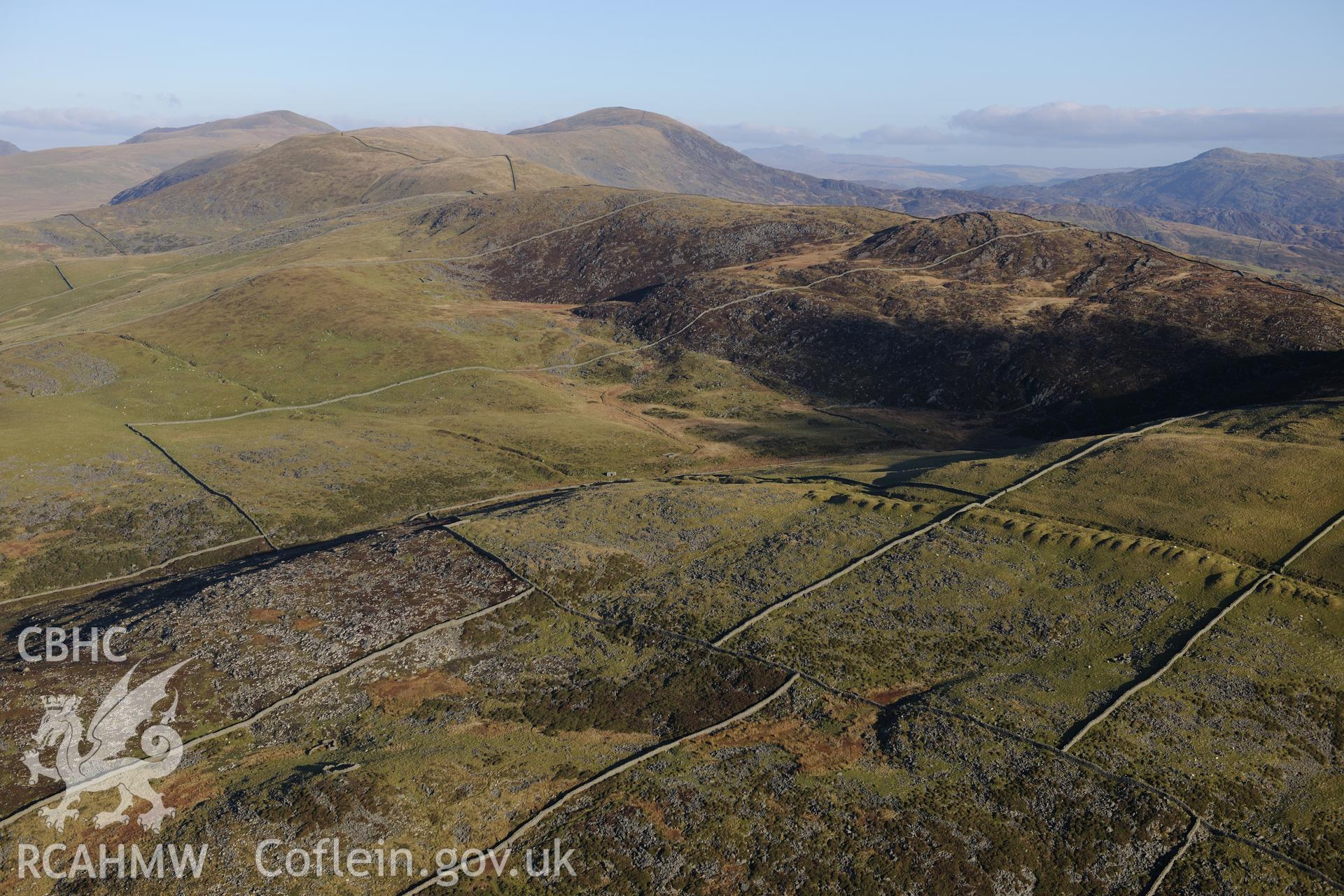RCAHMW colour oblique photograph of Egryn and Hafotty managanese mines, and upland landscape. Taken by Toby Driver on 10/12/2012.