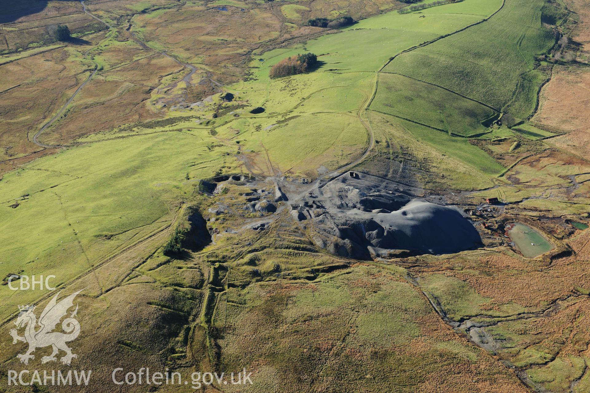 RCAHMW colour oblique photograph of Esgairmwyn lead mine, mine working complex. Taken by Toby Driver on 05/11/2012.