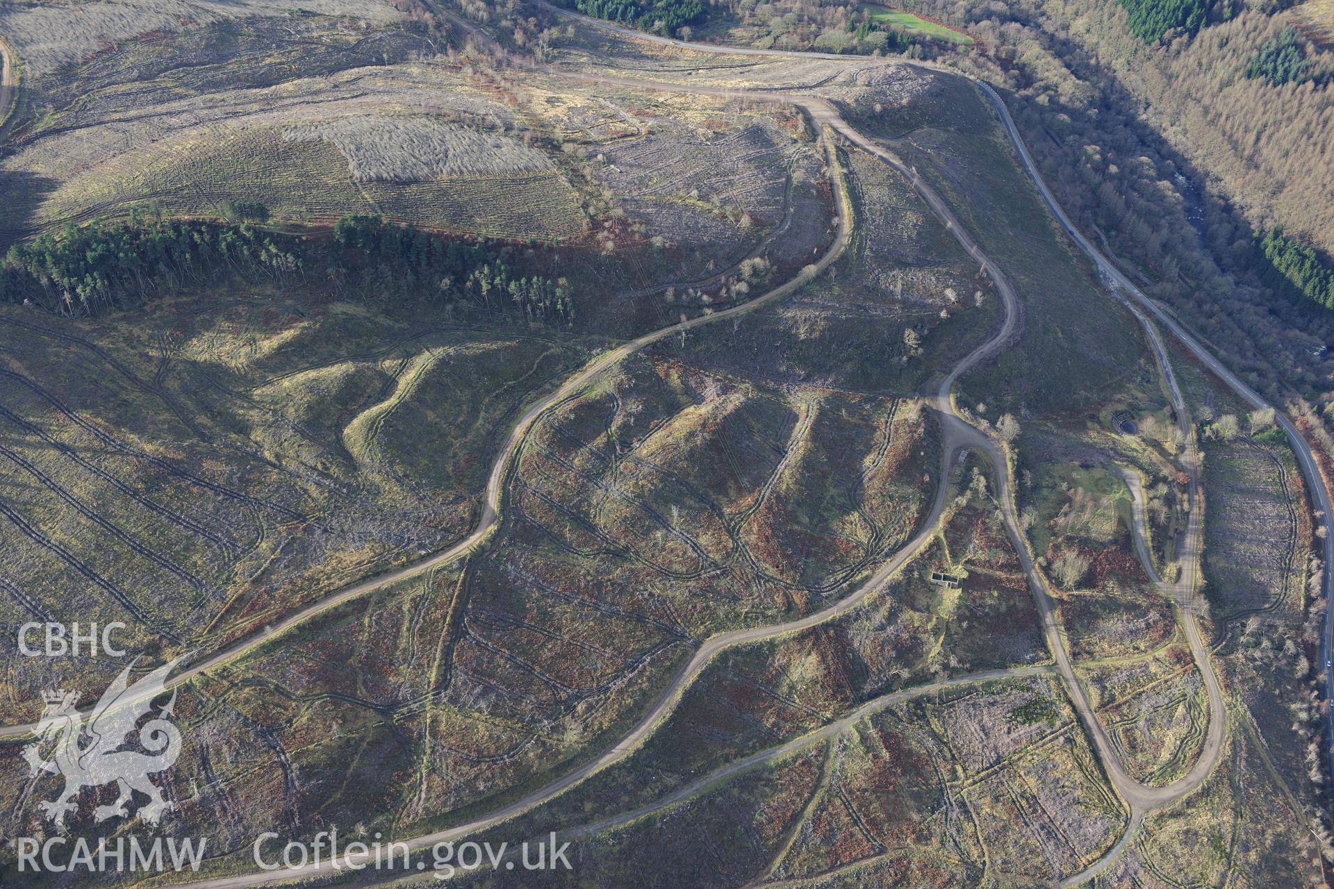 RCAHMW colour oblique photograph of Ty Maen field barn, and forest clearance. Taken by Toby Driver on 28/11/2012.