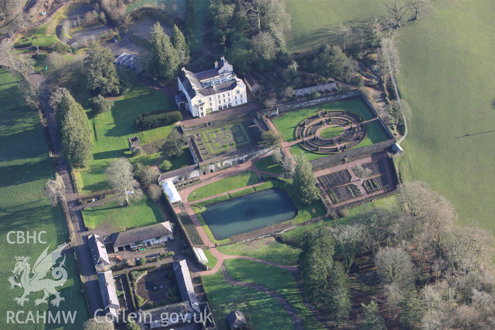RCAHMW colour oblique photograph of Aberglasney House. Taken by Toby Driver on 27/01/2012.