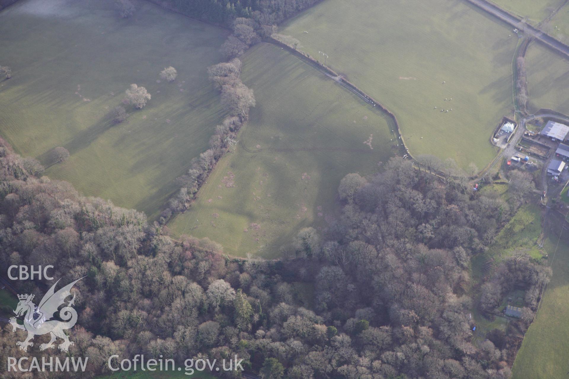 RCAHMW colour oblique photograph of Nanteos Lodge, earthworks to south of. Probably non-archaeological. Taken by Toby Driver on 07/02/2012.