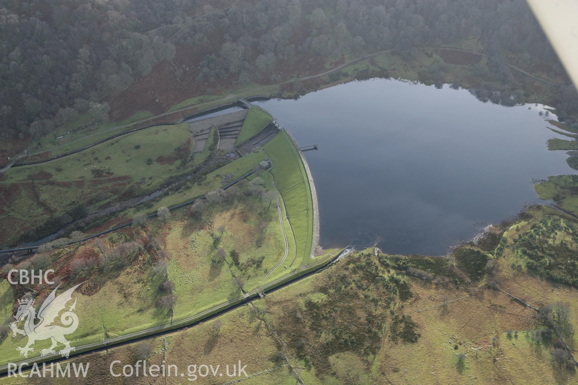 RCAHMW colour oblique photograph of Llyn Coedty reservoir. Taken by Toby Driver on 13/01/2012.
