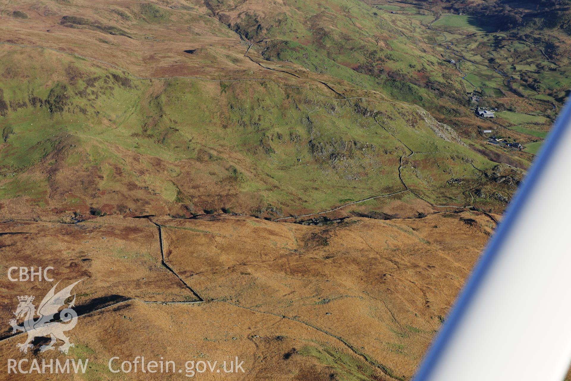 RCAHMW colour oblique photograph of Gilfach Copper Mine, Cwm Ciprwrth, wide view. Taken by Toby Driver on 10/12/2012.