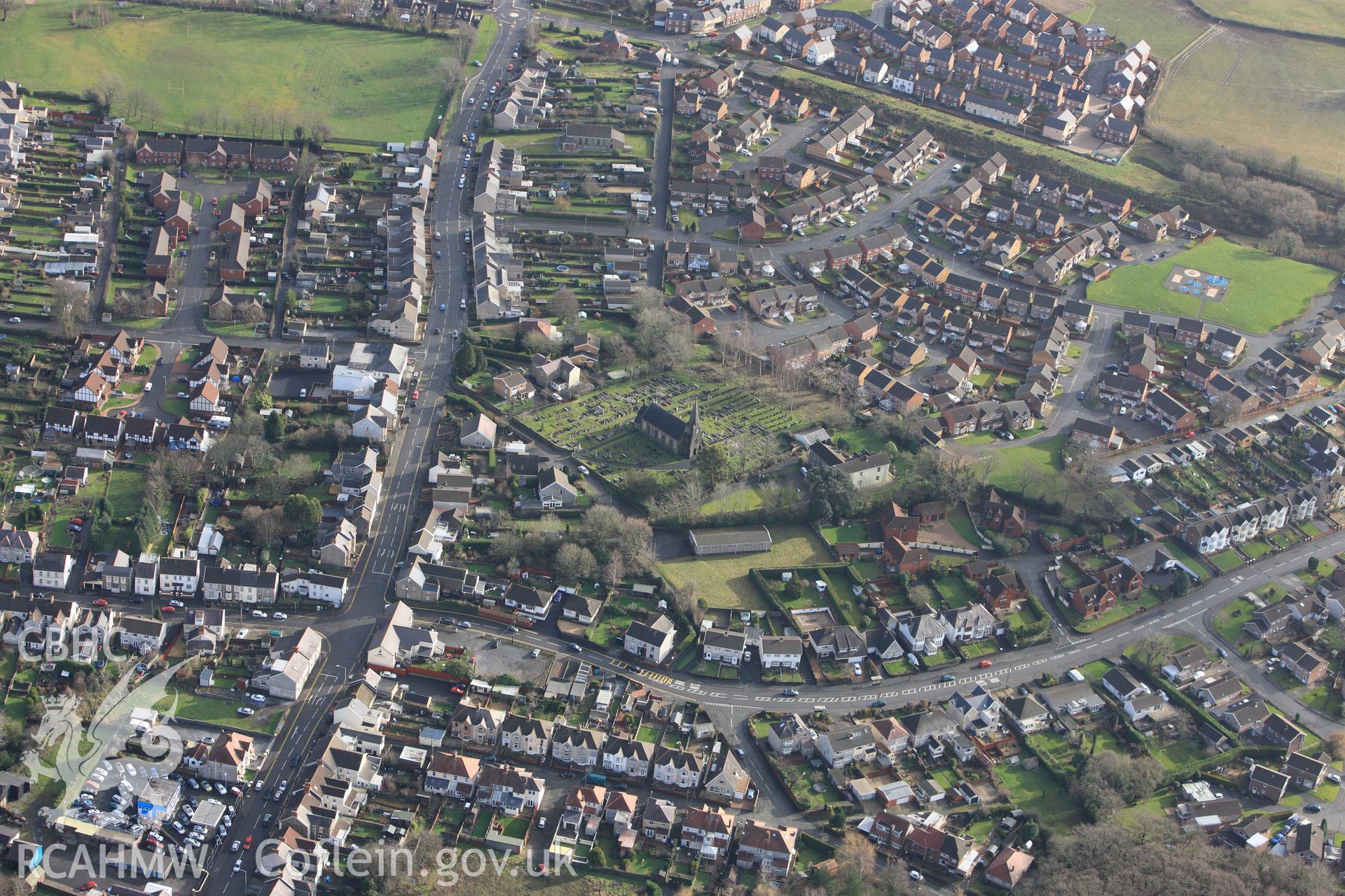RCAHMW colour oblique photograph of Pontarddulais, with St. Teilo's New Church. Taken by Toby Driver on 27/01/2012.