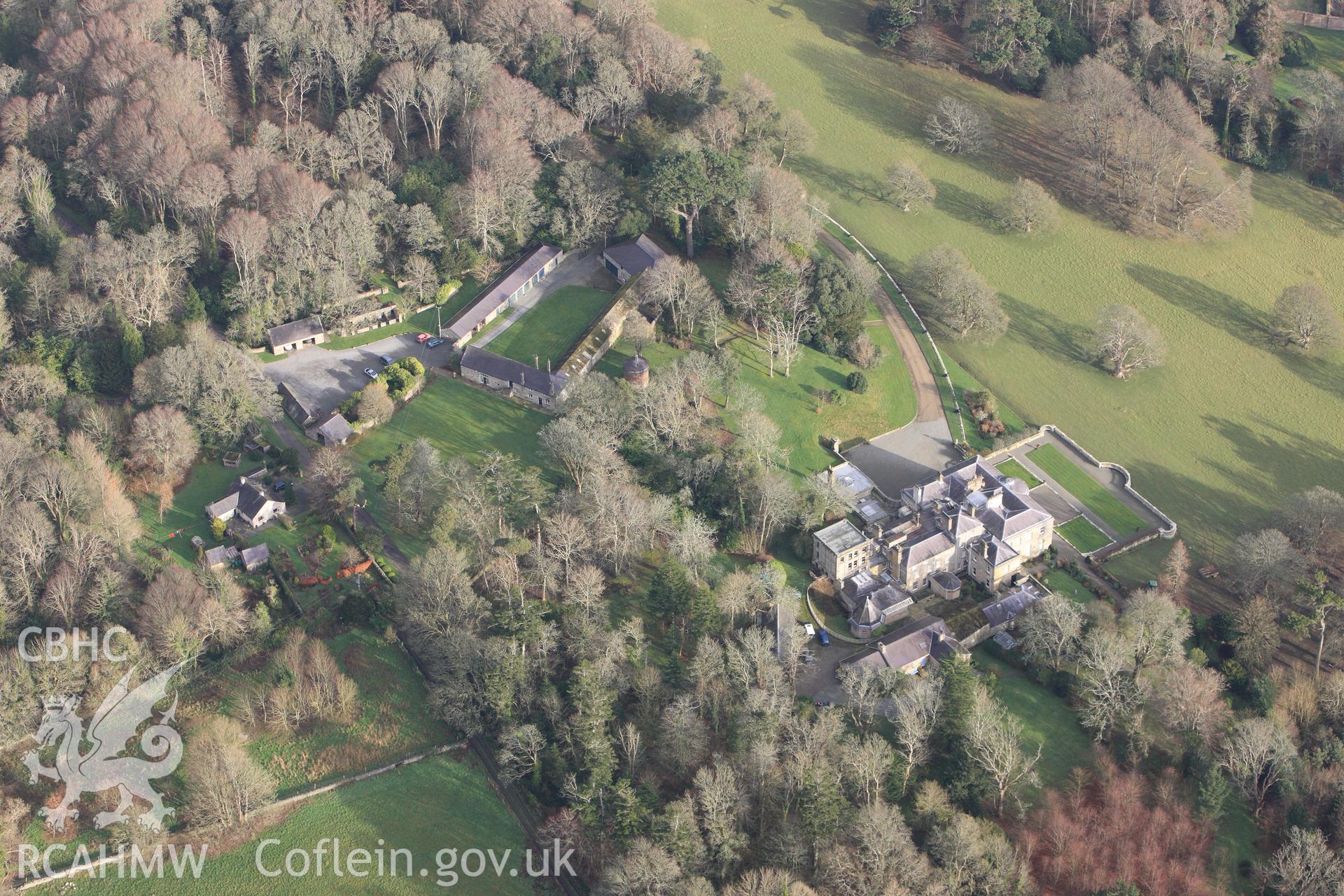 RCAHMW colour oblique photograph of Bodorgan Mansion and gardens. Taken by Toby Driver on 13/01/2012.