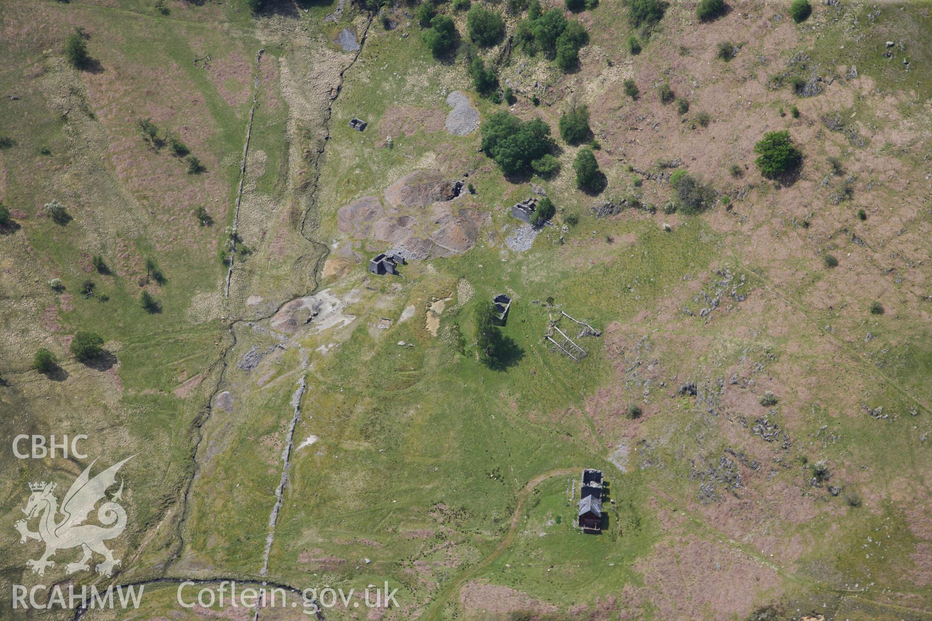 RCAHMW colour oblique photograph of Cwm Elan Lead Mine. Taken by Toby Driver on 28/05/2012.