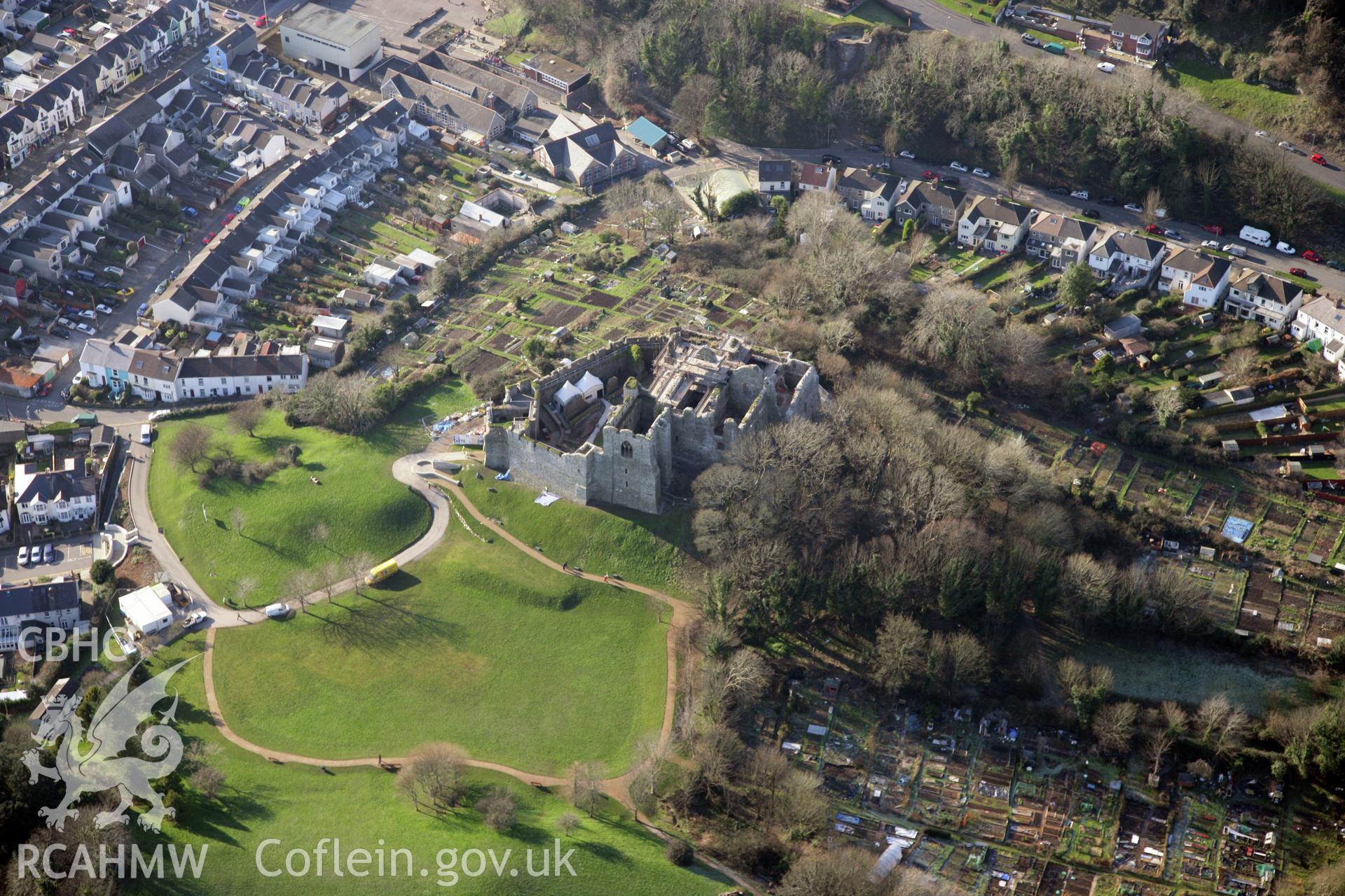 RCAHMW colour oblique photograph of Oystermouth Castle, during renovation work. Taken by Toby Driver on 02/02/2012.