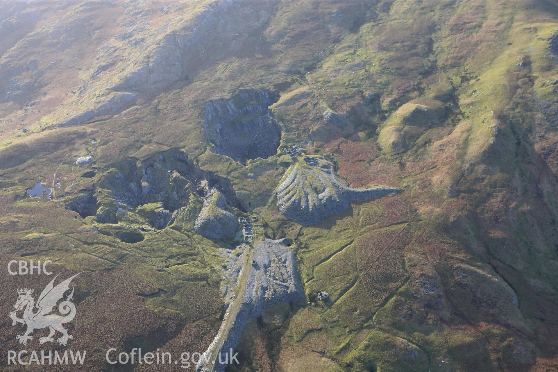 RCAHMW colour oblique photograph of Rhosydd slate quarry, upper workings in low winter light. Taken by Toby Driver on 13/01/2012.