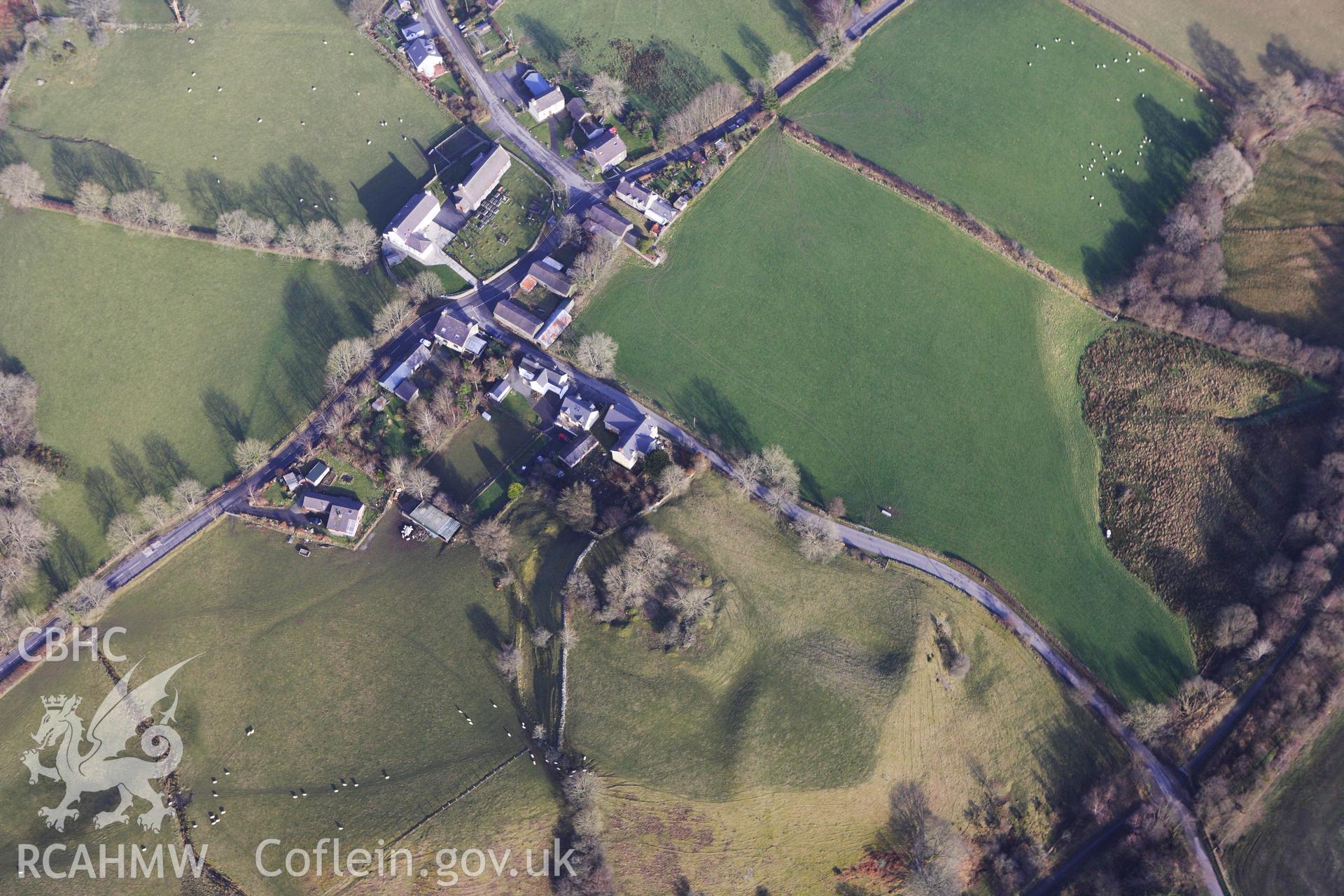 RCAHMW colour oblique photograph of Ystrad Meurig Castle. Taken by Toby Driver on 07/02/2012.