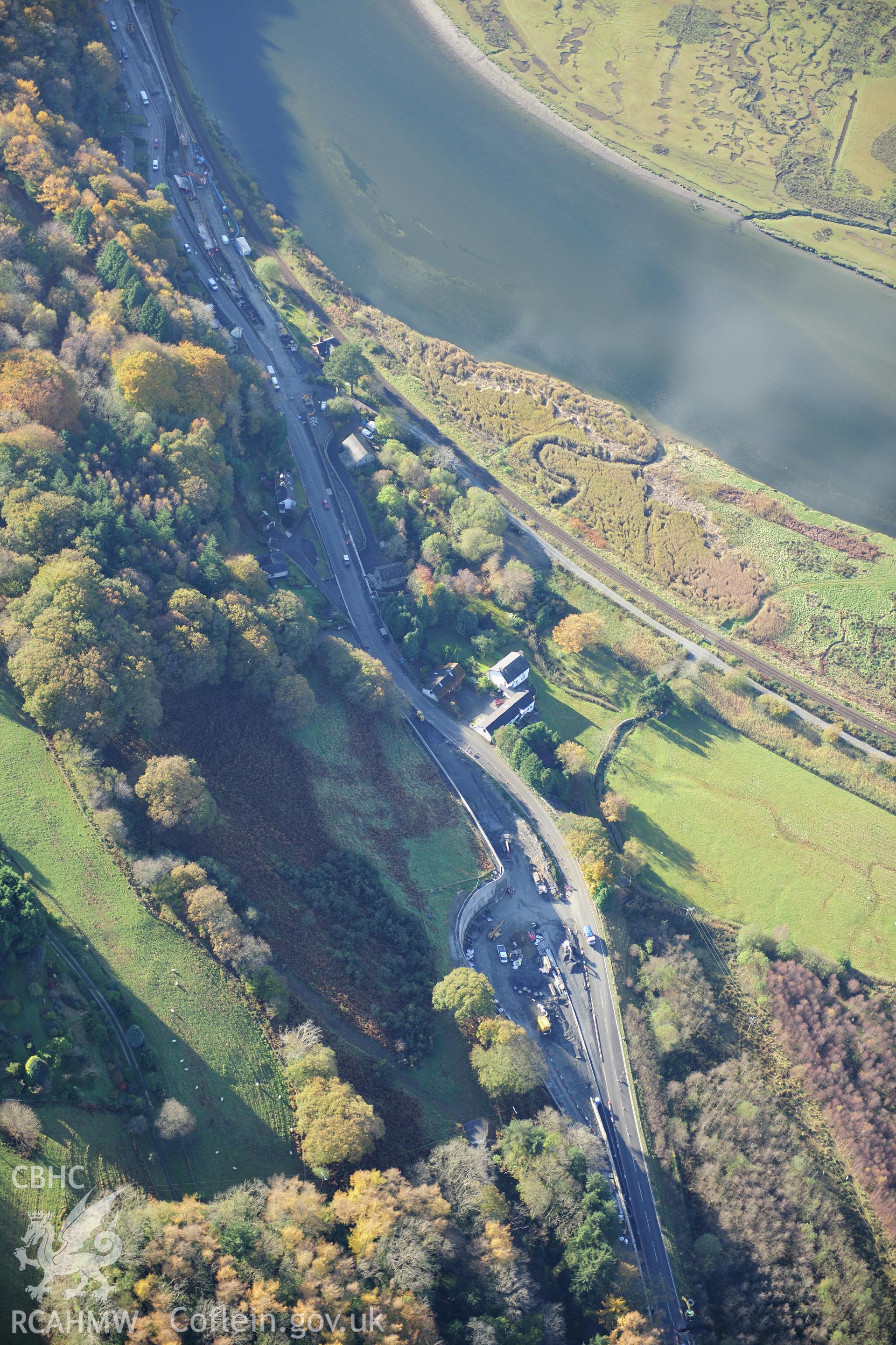 RCAHMW colour oblique photograph of Glandyfi bends, road improvement. Taken by Toby Driver on 05/11/2012.