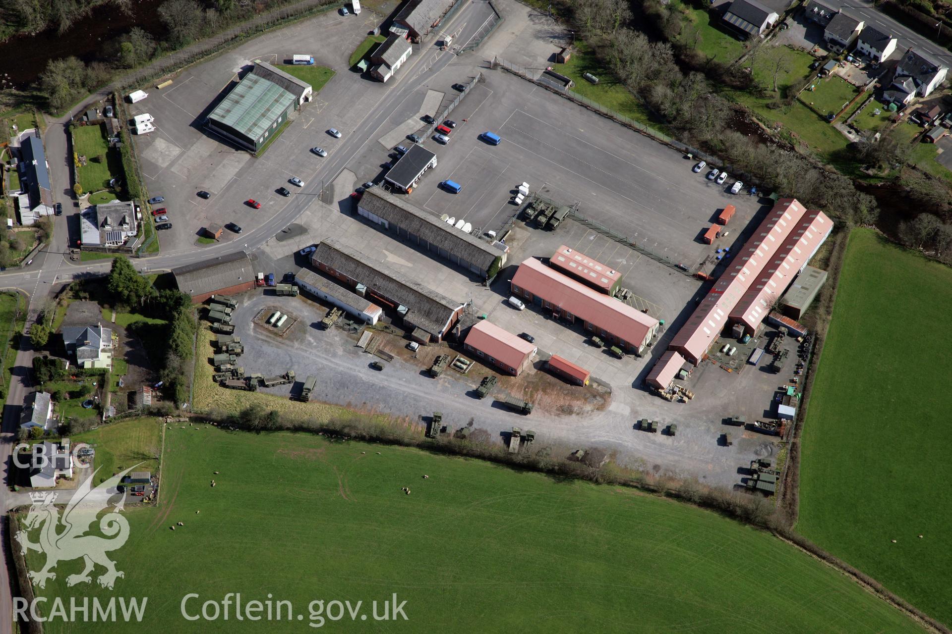 RCAHMW colour oblique photograph of Sennybridge Camp, maintenance yard. Taken by Toby Driver and Oliver Davies on 28/03/2012.