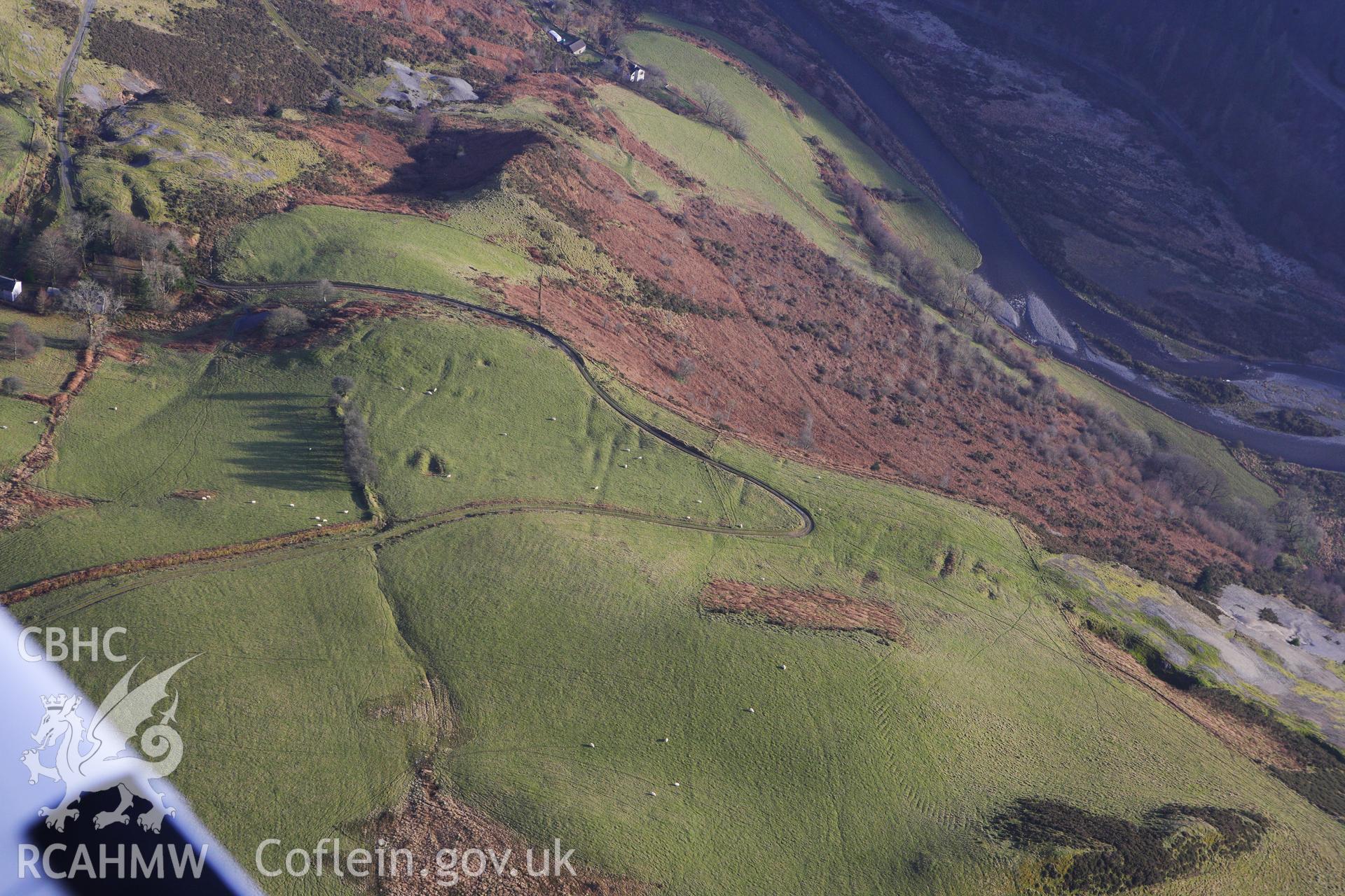 RCAHMW colour oblique photograph of Grogwynion Lead Mine, upper trials. Taken by Toby Driver on 07/02/2012.