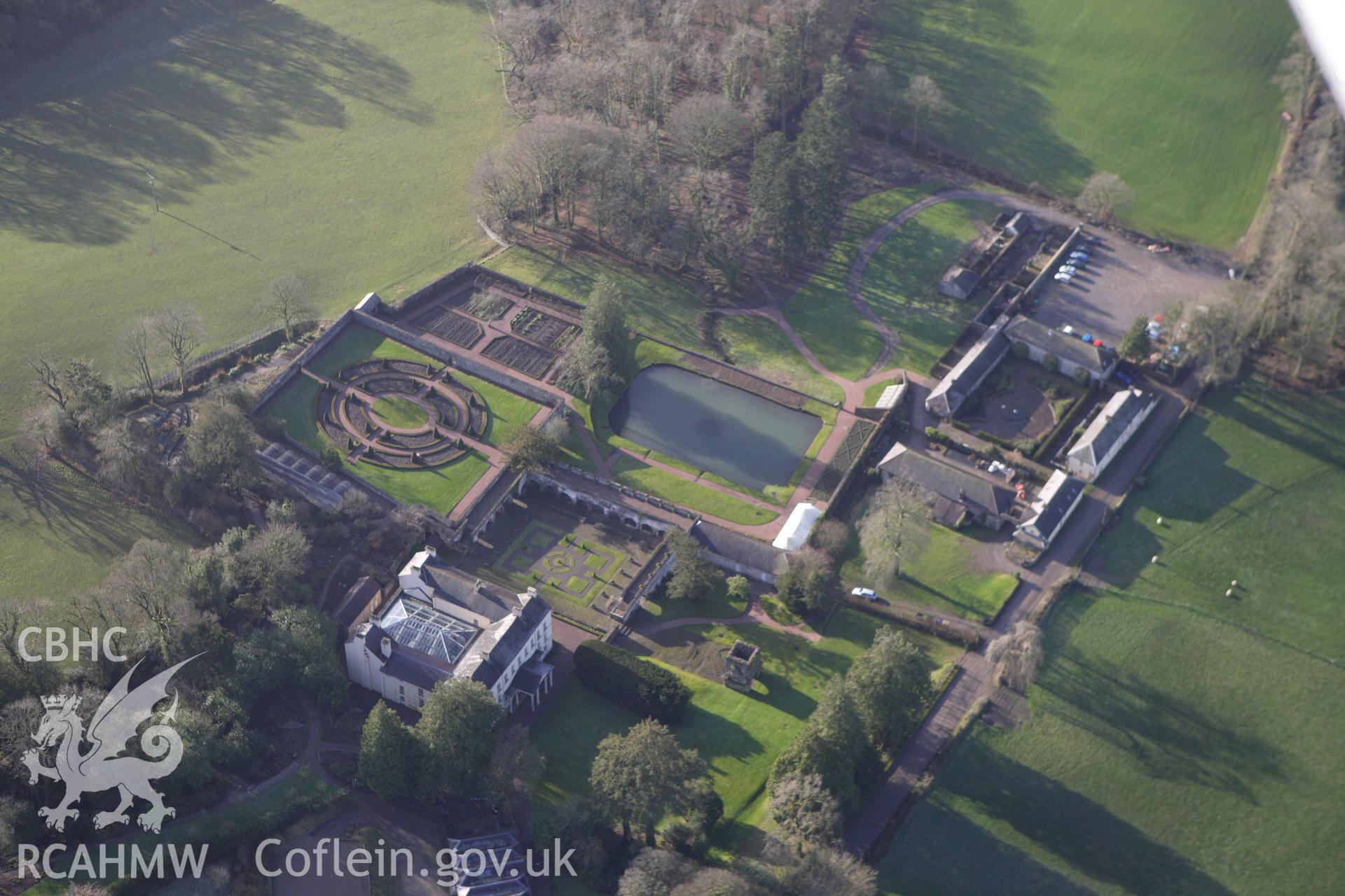 RCAHMW colour oblique photograph of Aberglasney House. Taken by Toby Driver on 27/01/2012.