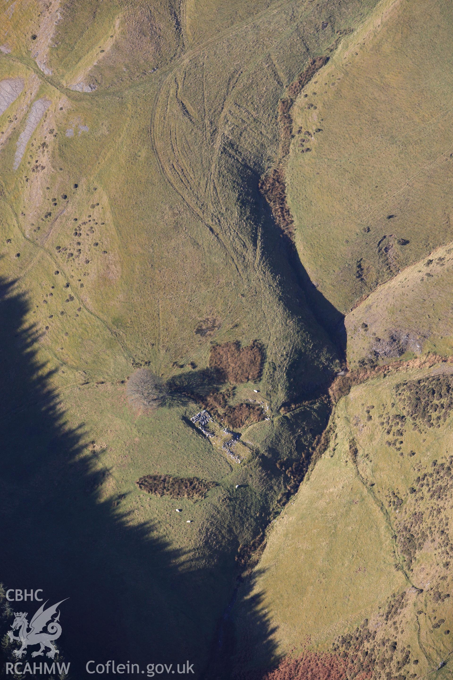 RCAHMW colour oblique photograph of Dyfngwm lead mine, long house. Taken by Toby Driver on 05/11/2012.
