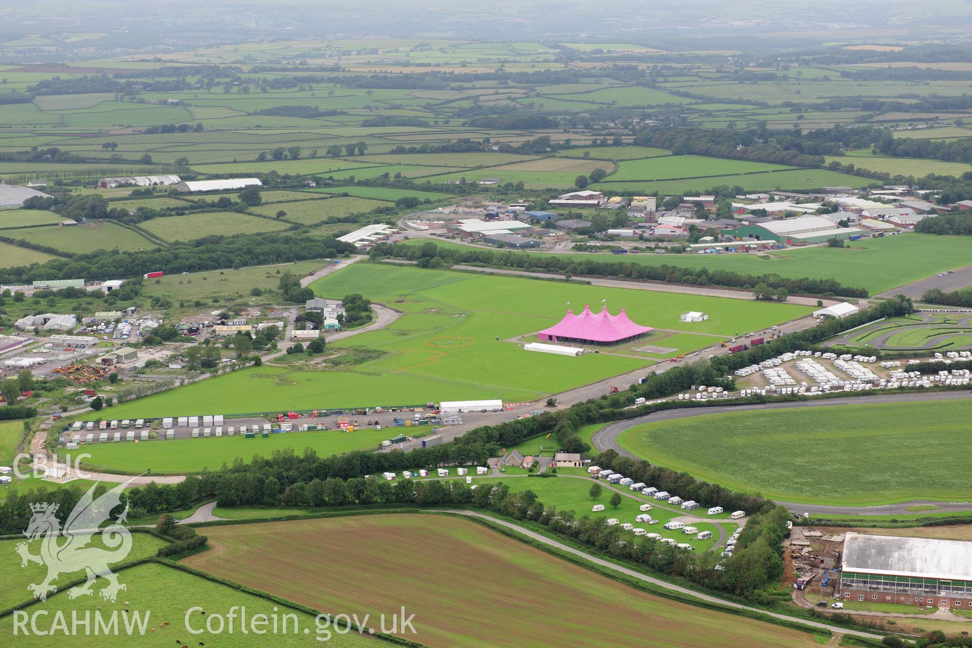 RCAHMW colour oblique photograph of Llandow Airfield 2012 National Eisteddfod. Taken by Toby Driver on 05/07/2012.