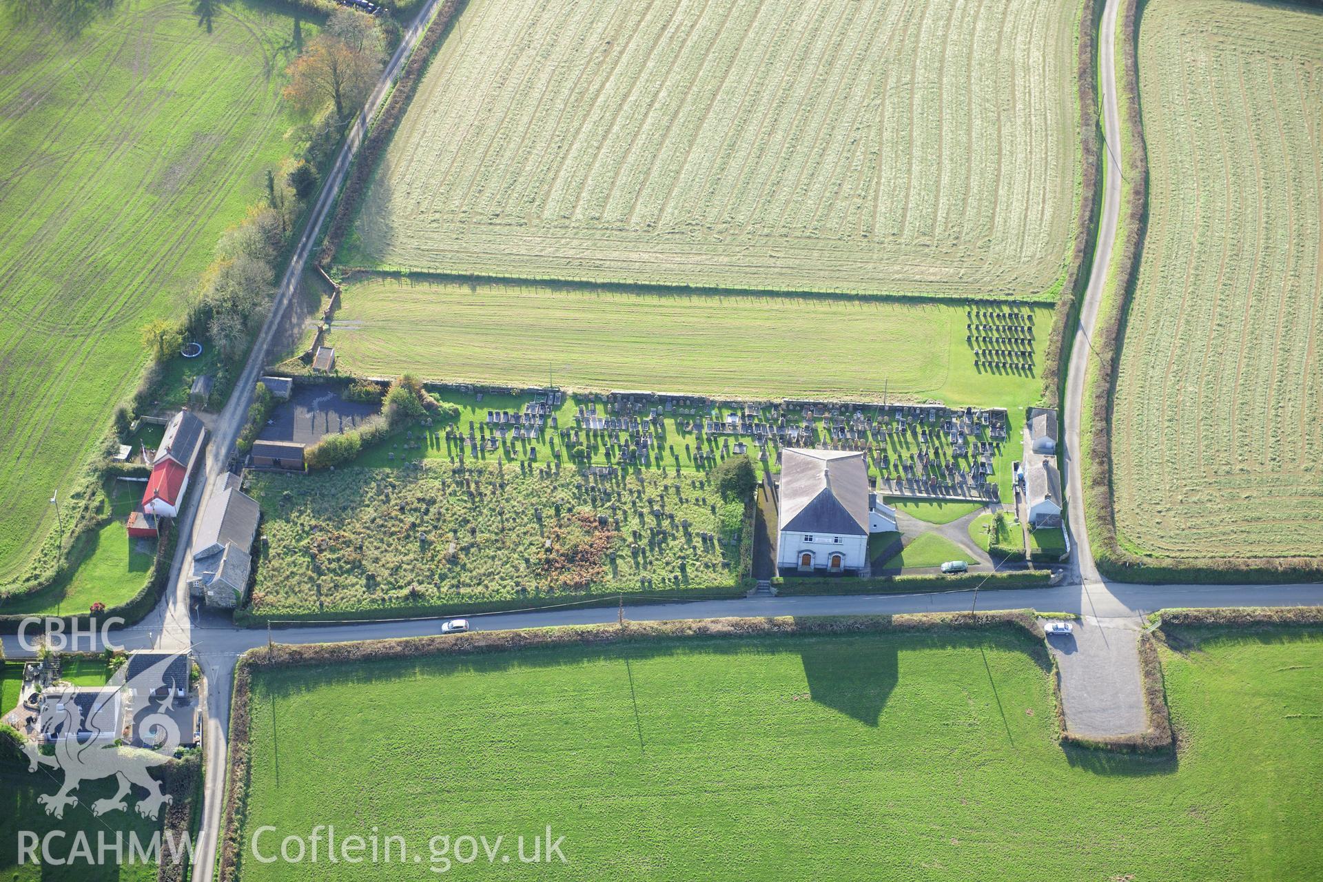 RCAHMW colour oblique photograph of Henllan Amgoed Henllan Congregational Chapel. Taken by Toby Driver on 26/10/2012.
