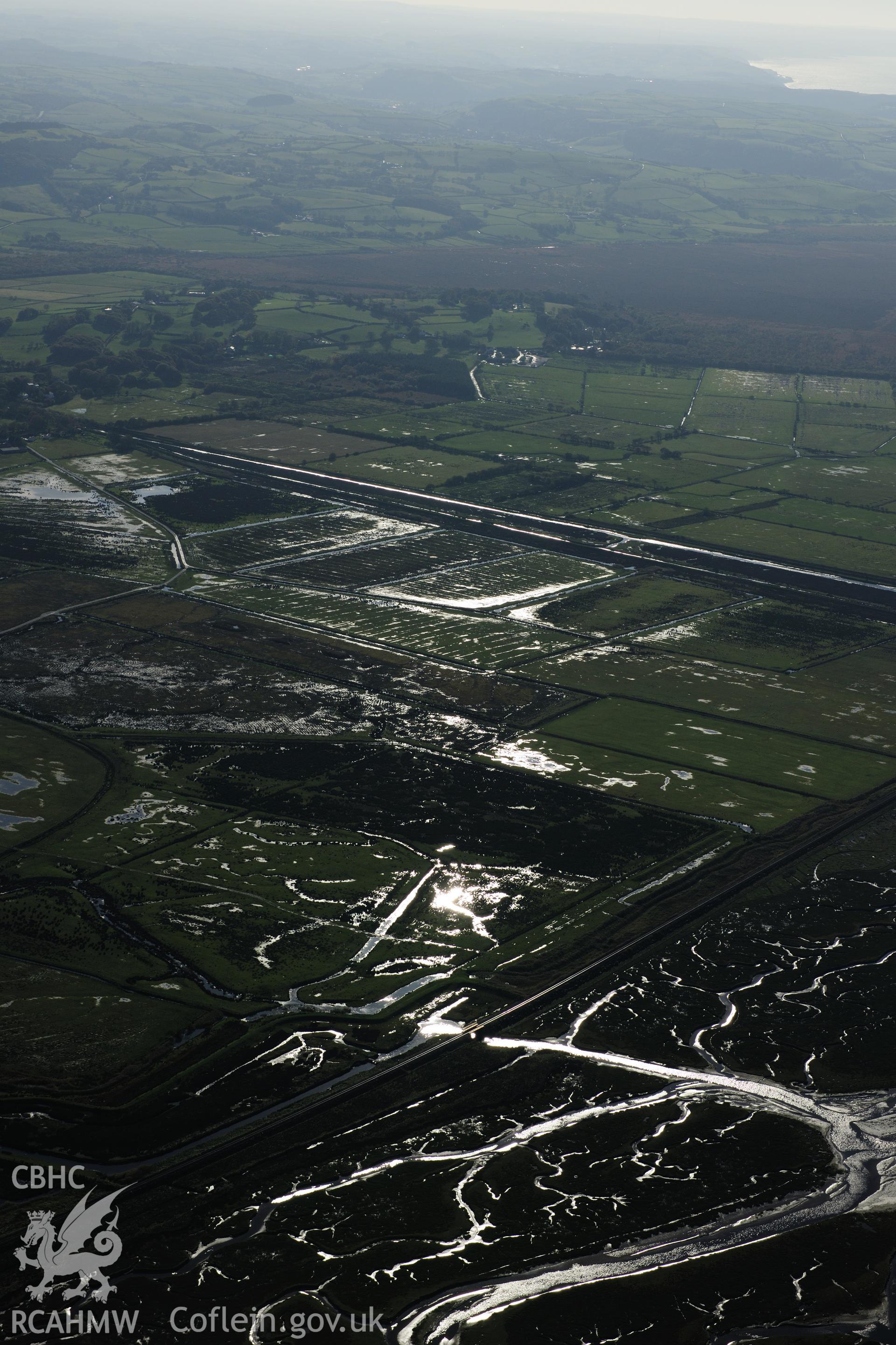 RCAHMW colour oblique photograph of Cors Fochno, Borth Bog, landscape north of Lodge Park, view from north with winter sun. Taken by Toby Driver on 05/11/2012.