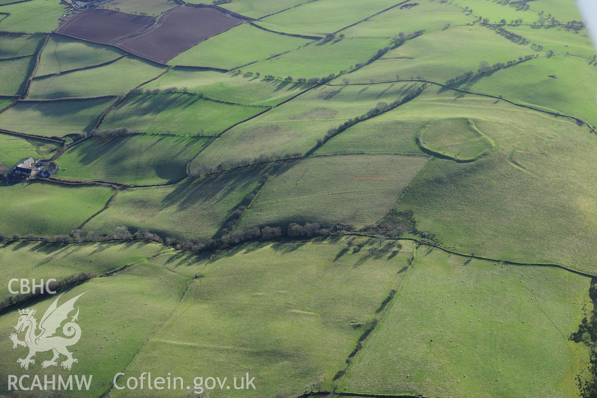 RCAHMW colour oblique photograph of Twyn y Gaer defended enclosure. Taken by Toby Driver on 23/11/2012.