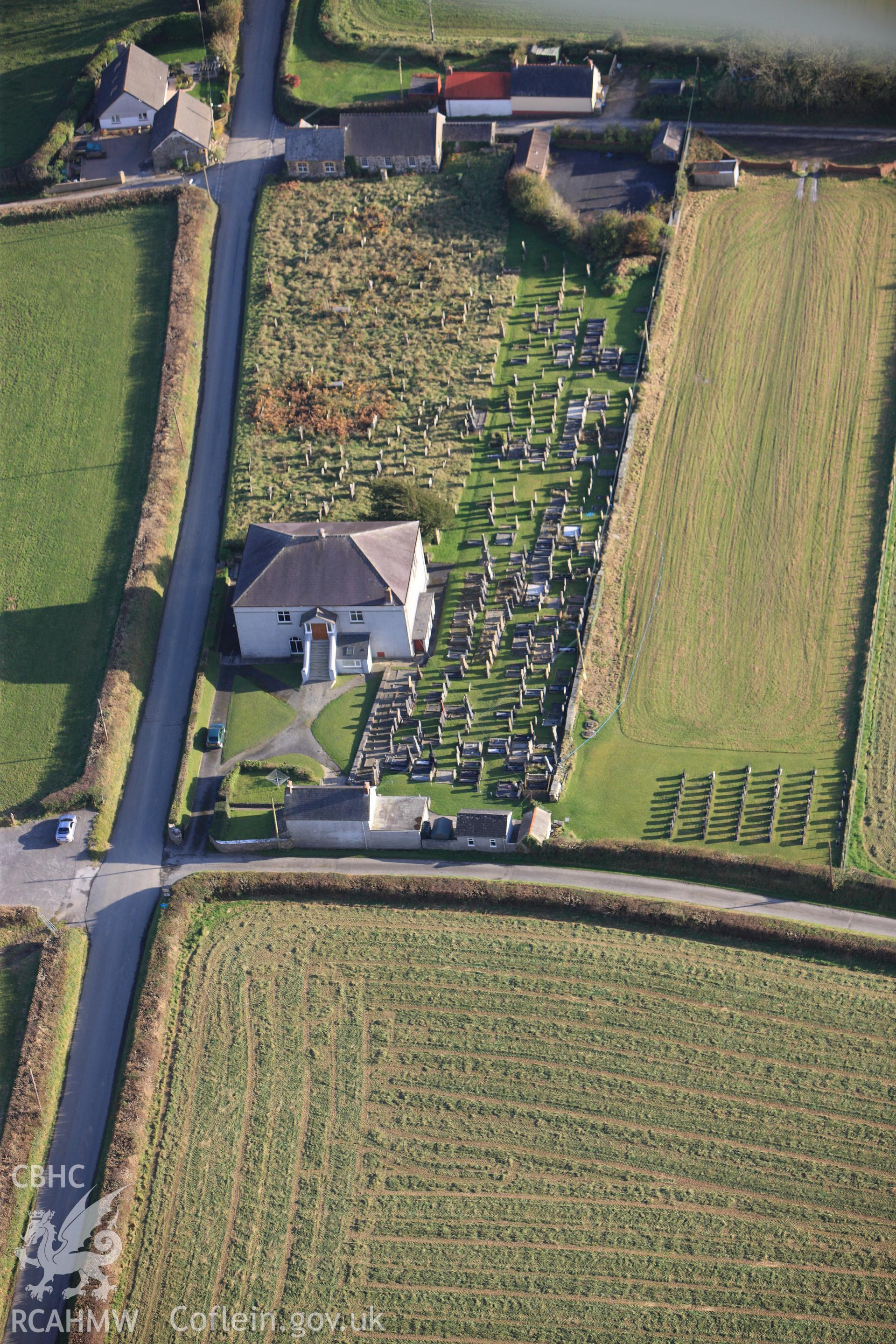 RCAHMW colour oblique photograph of Henllan Amgoed Henllan Congregational Chapel. Taken by Toby Driver on 26/10/2012.