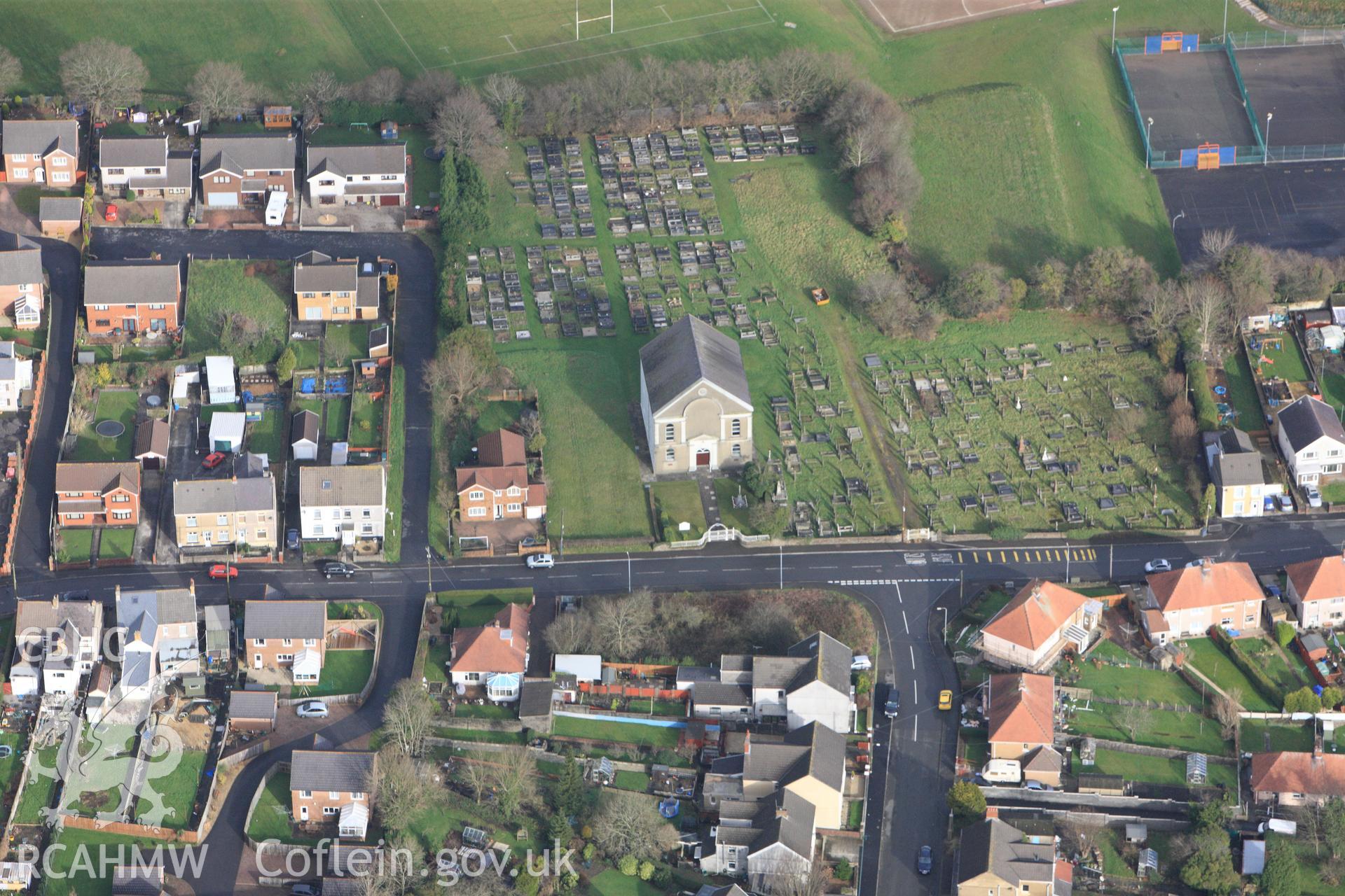 RCAHMW colour oblique photograph of Brynteg Independent Chapel, Gorseinon. Taken by Toby Driver on 27/01/2012.