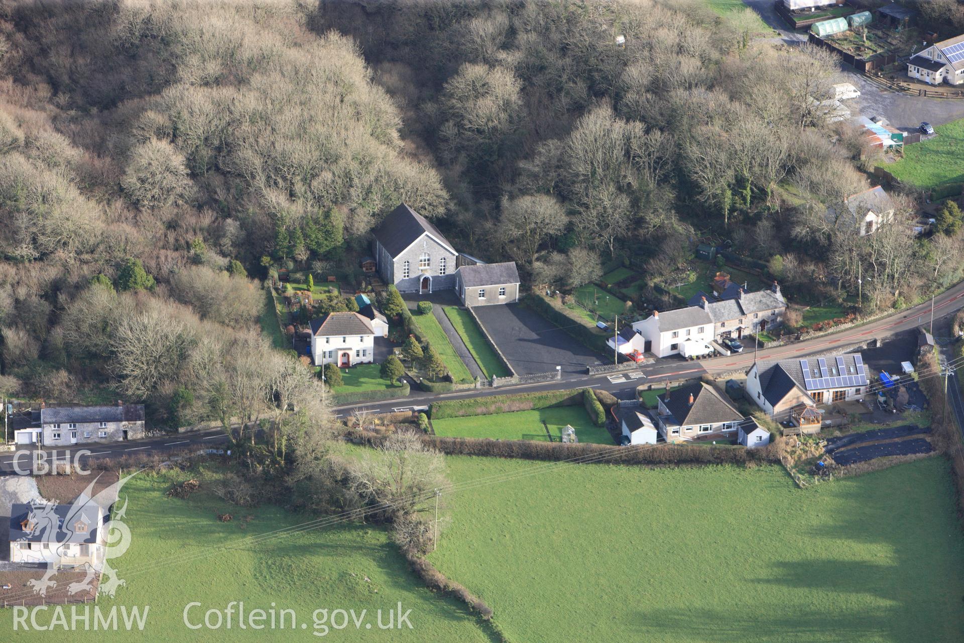 RCAHMW colour oblique photograph of Ebeneser Welsh Independent Chapel, Crwbyn. Taken by Toby Driver on 27/01/2012.