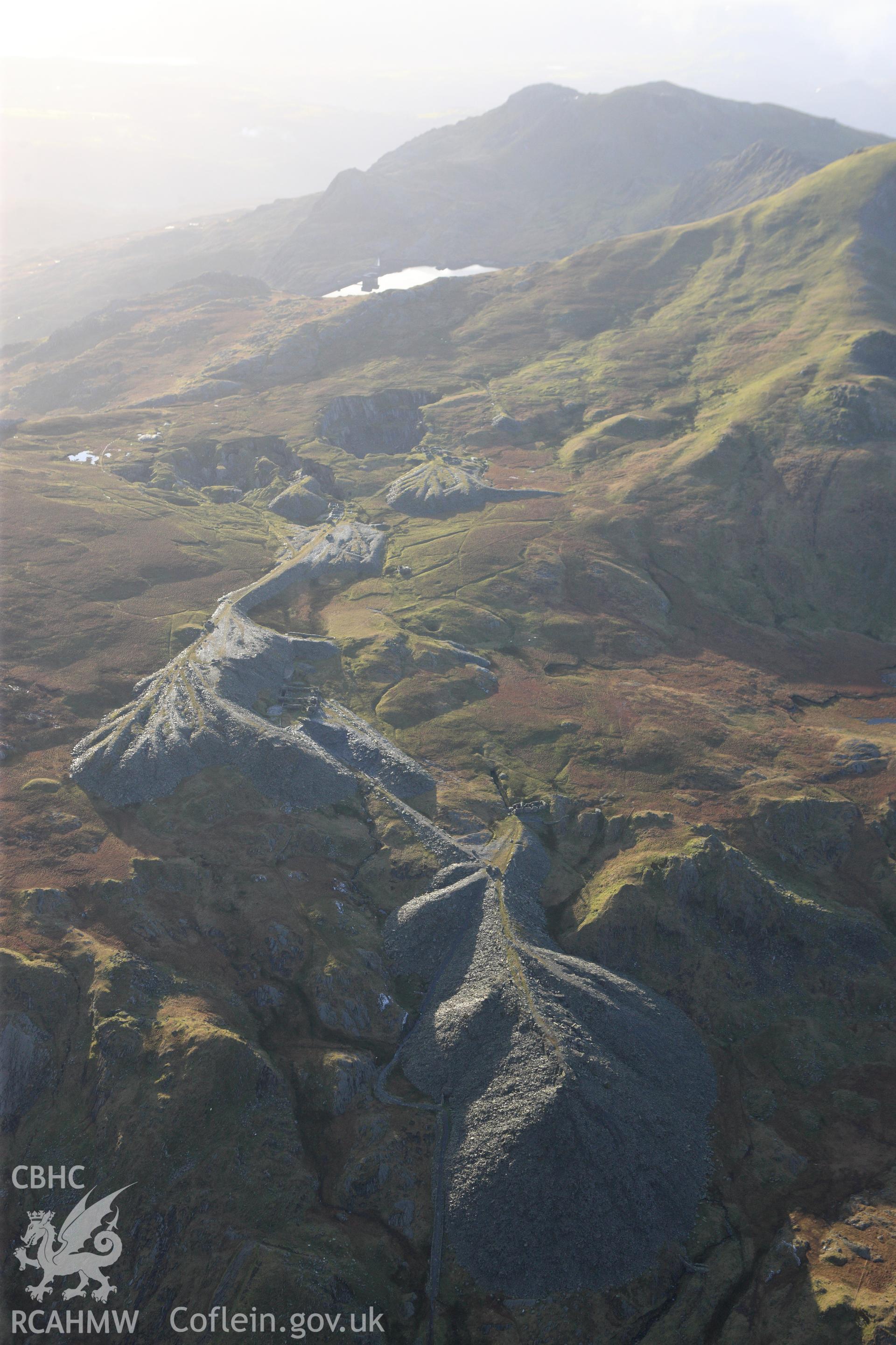 RCAHMW colour oblique photograph of Rhosydd slate quarry, upper workings. Taken by Toby Driver on 13/01/2012.