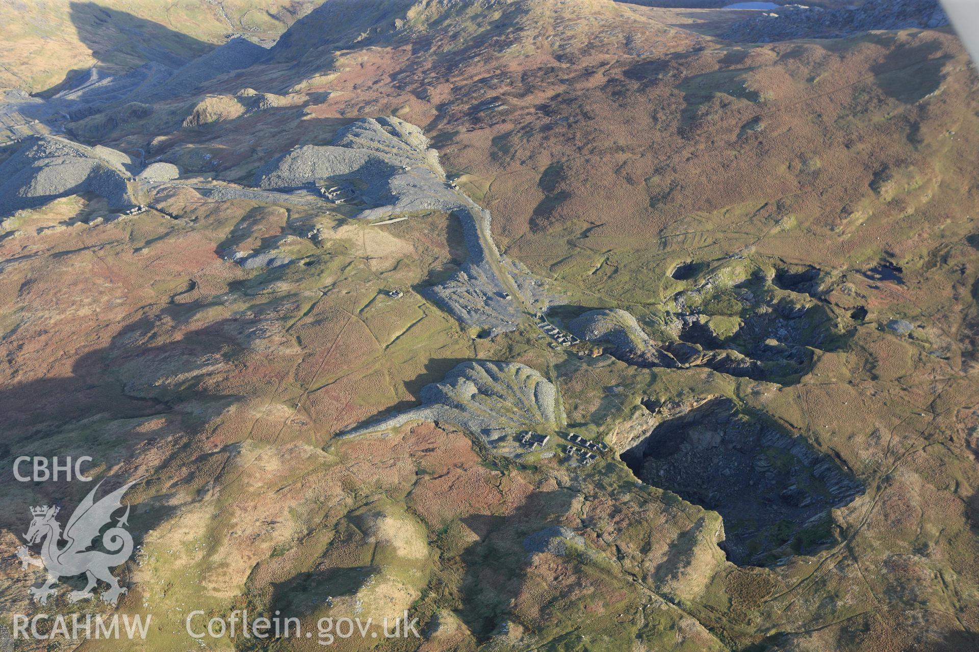 RCAHMW colour oblique photograph of Rhosydd slate quarry, panorama of upper workings. Taken by Toby Driver on 13/01/2012.