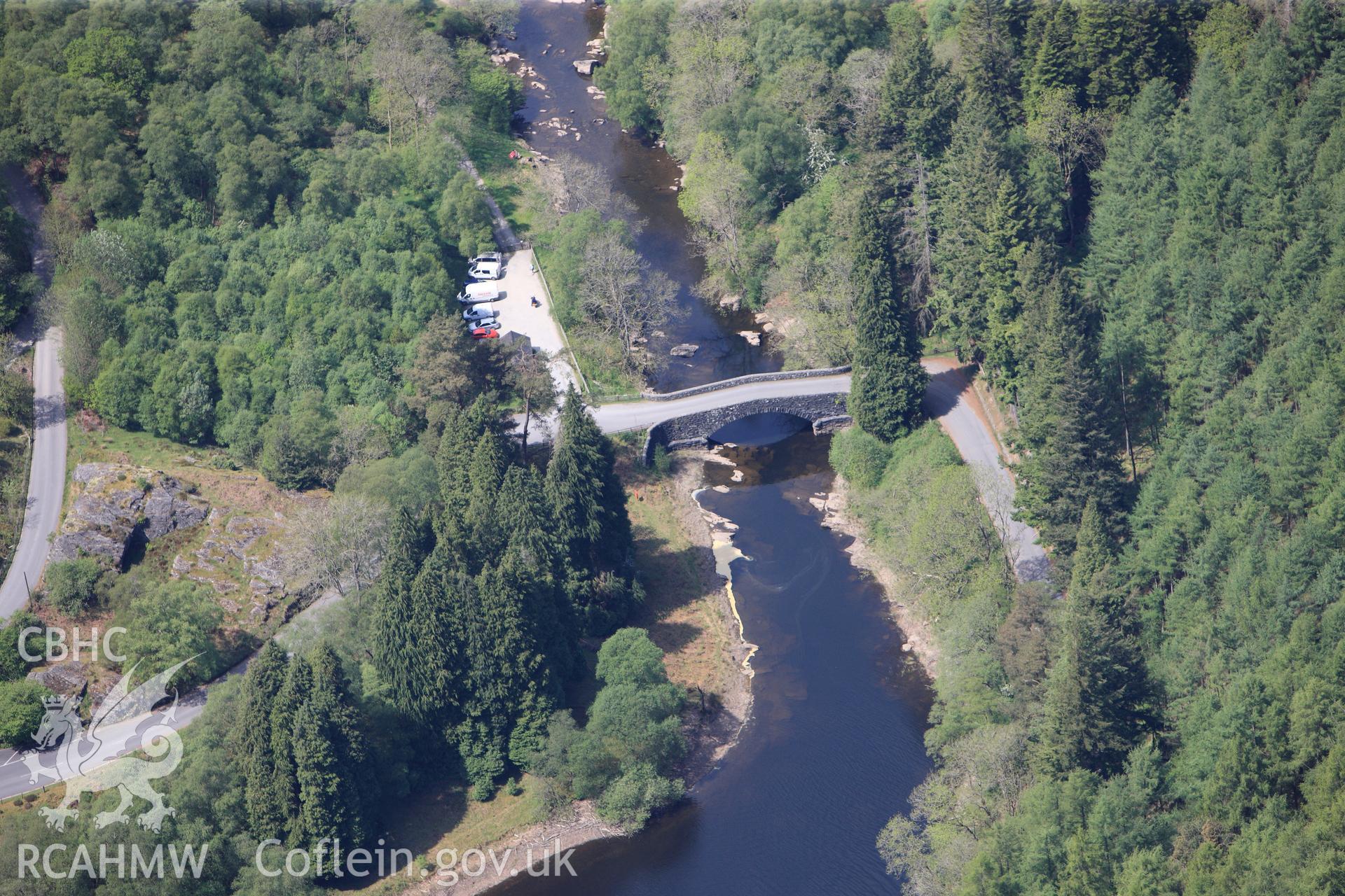 RCAHMW colour oblique photograph of Pont Myllfan Bridge. Taken by Toby Driver on 28/05/2012.