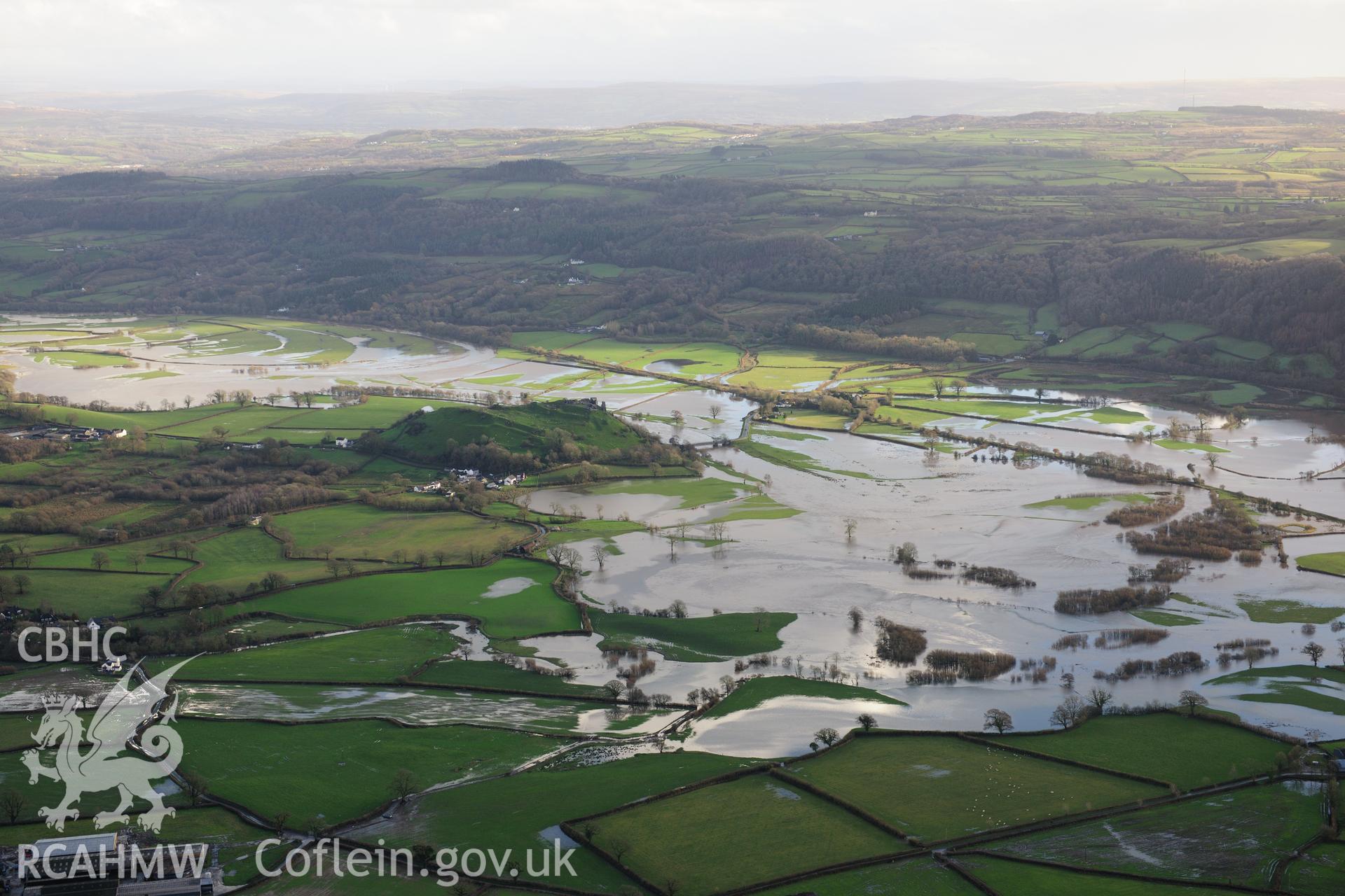RCAHMW colour oblique photograph of Dryslwyn Castle, landscape with floods from north-west. Taken by Toby Driver on 23/11/2012.