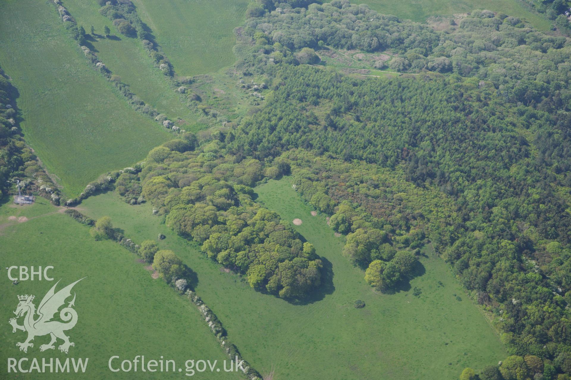 RCAHMW colour oblique photograph of General view of Court Wood enclosure, looking south. Taken by Toby Driver on 24/05/2012.