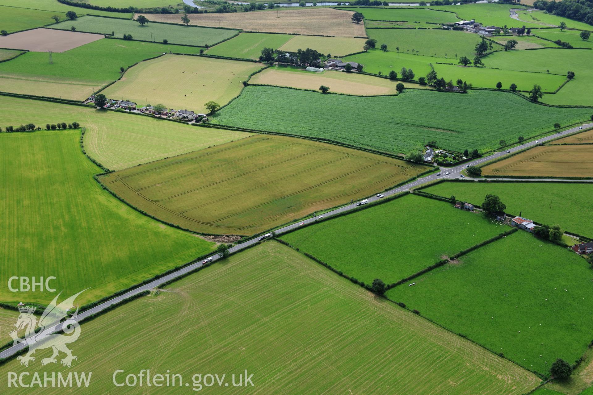 RCAHMW colour oblique photograph of Lower Luggy cursus, Dyffryn Lane, cropmarks. Taken by Toby Driver on 27/07/2012.