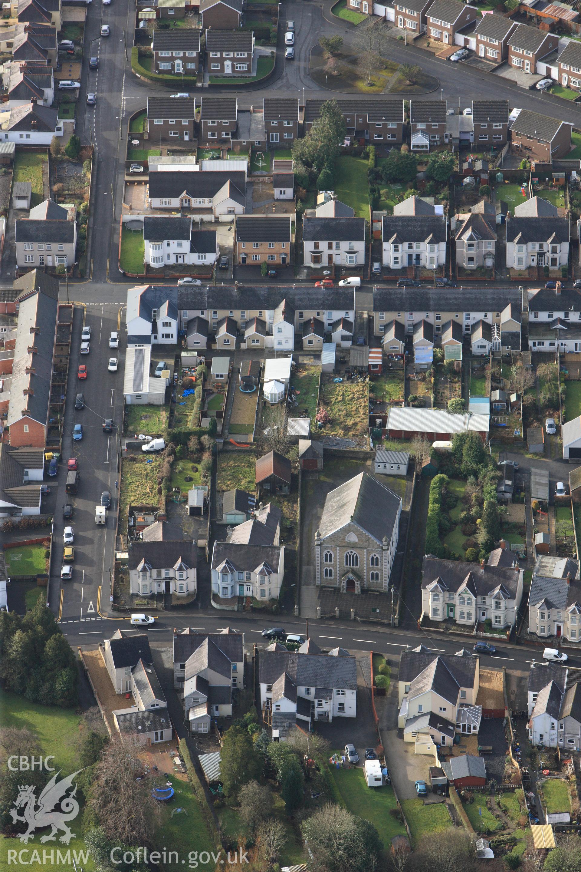 RCAHMW colour oblique photograph of Gwynfryn Welsh Independent Chapel, Ammanford. Taken by Toby Driver on 27/01/2012.