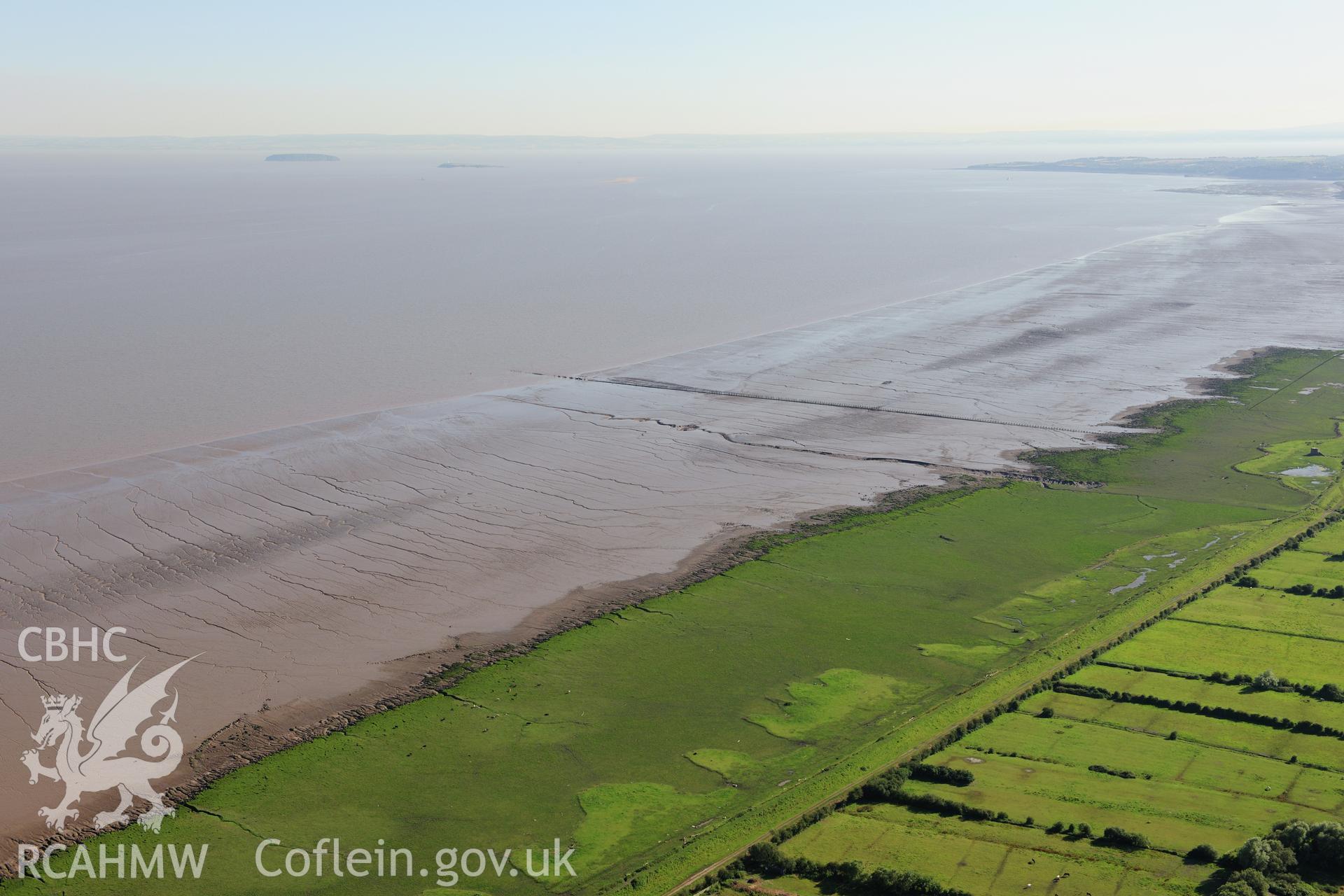 RCAHMW colour oblique photograph of Rumney Great Wharf, landscape at low tide. Taken by Toby Driver on 24/07/2012.