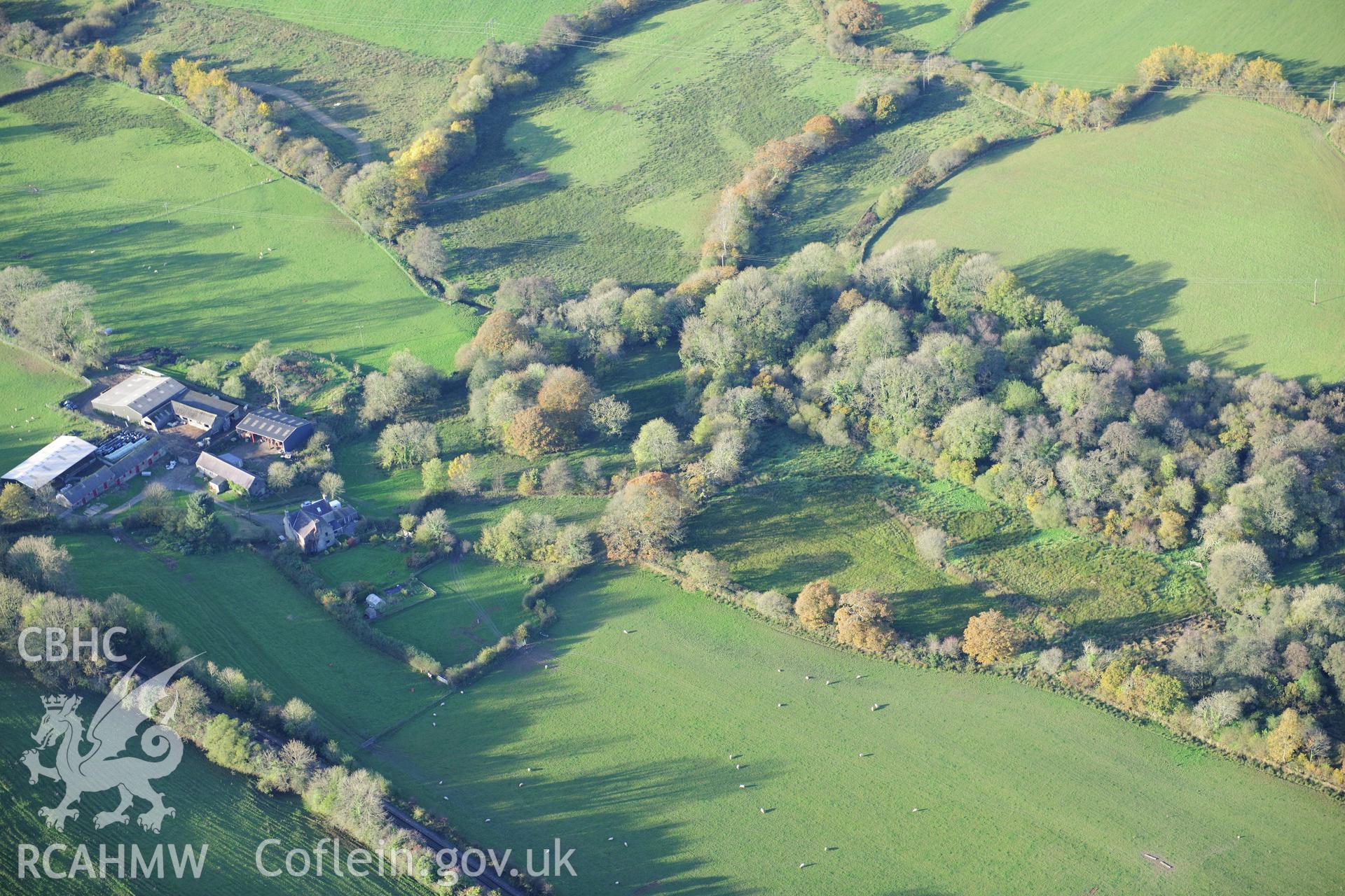 RCAHMW colour oblique photograph of Llangwathan Castle. Taken by Toby Driver on 26/10/2012.