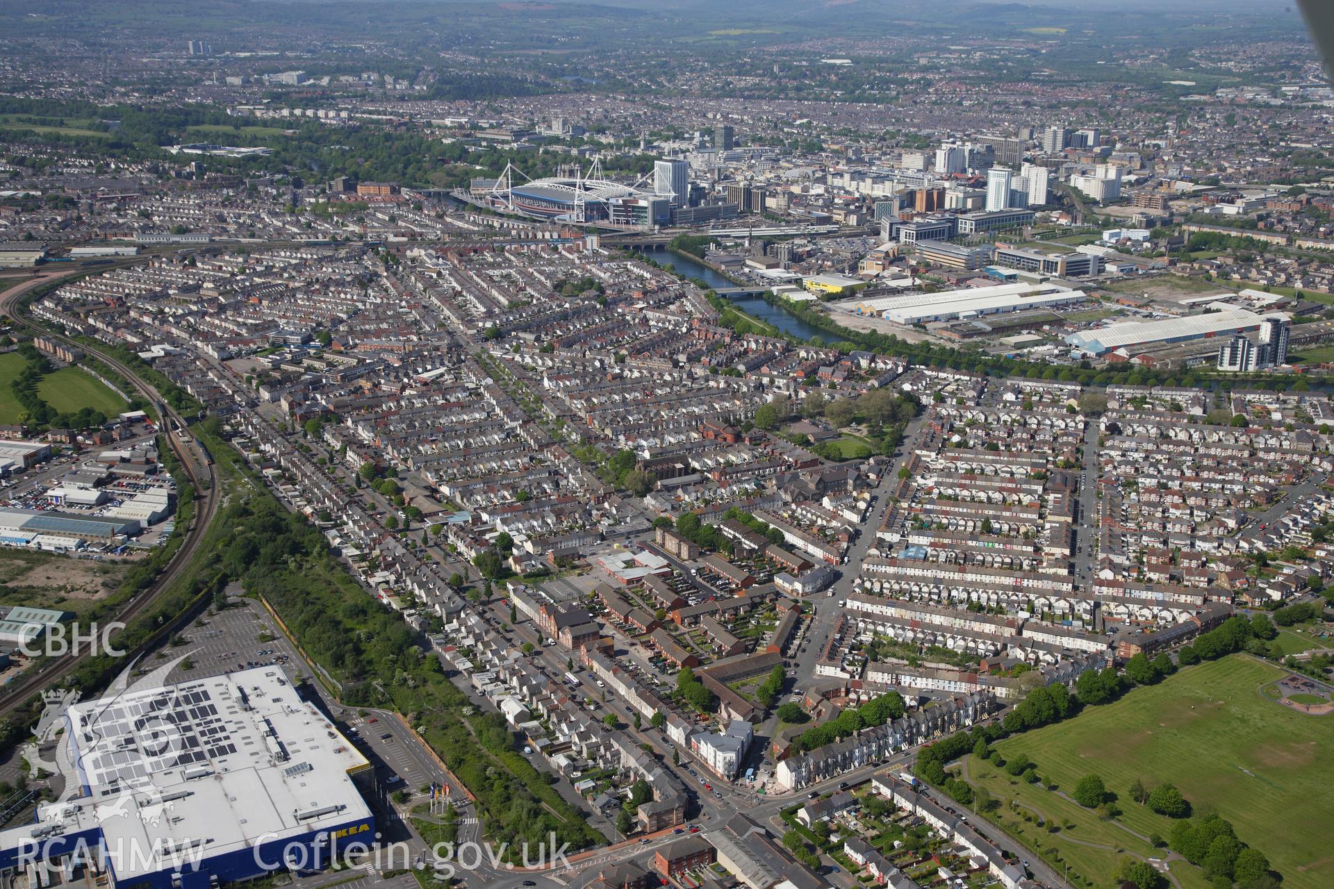 RCAHMW colour oblique photograph of Ikea superstore, landscape view, looking towards Grangetown and Millenium Stadium. Taken by Toby Driver on 22/05/2012.