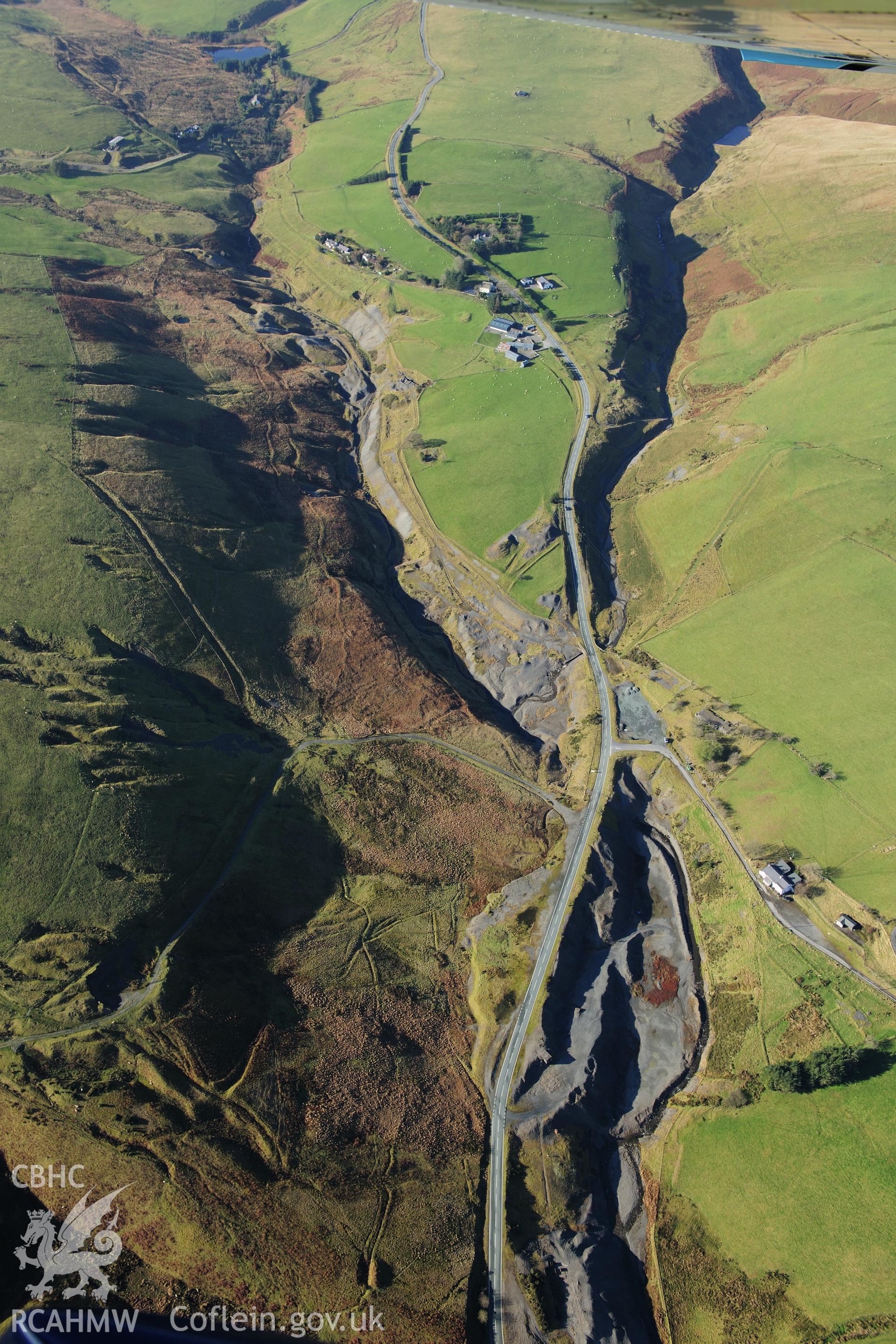RCAHMW colour oblique photograph of Dylife Lead Mines, and village. Taken by Toby Driver on 05/11/2012.