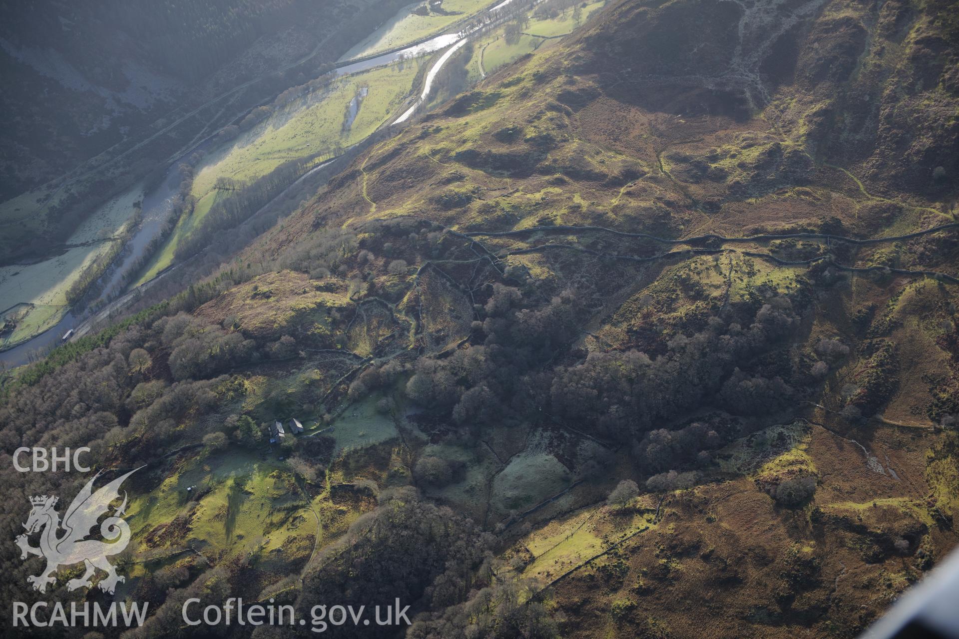 RCAHMW colour oblique photograph of Dolmelynllyn, sheepfold and upland landscape. Taken by Toby Driver on 10/12/2012.