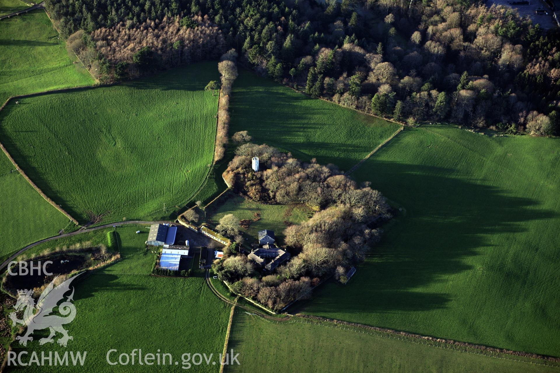 RCAHMW colour oblique photograph of Fort Williamsburg, Glynllifon, landscape, with earthworks of field system to west. Taken by Toby Driver on 10/12/2012.