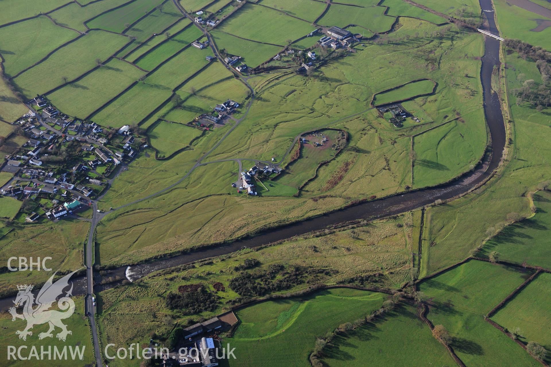 RCAHMW colour oblique photograph of PONT CARREG-SAWDDE BRIDGE OVER THE TOWY, FELINDRE, and view of the common. Taken by Toby Driver on 23/11/2012.