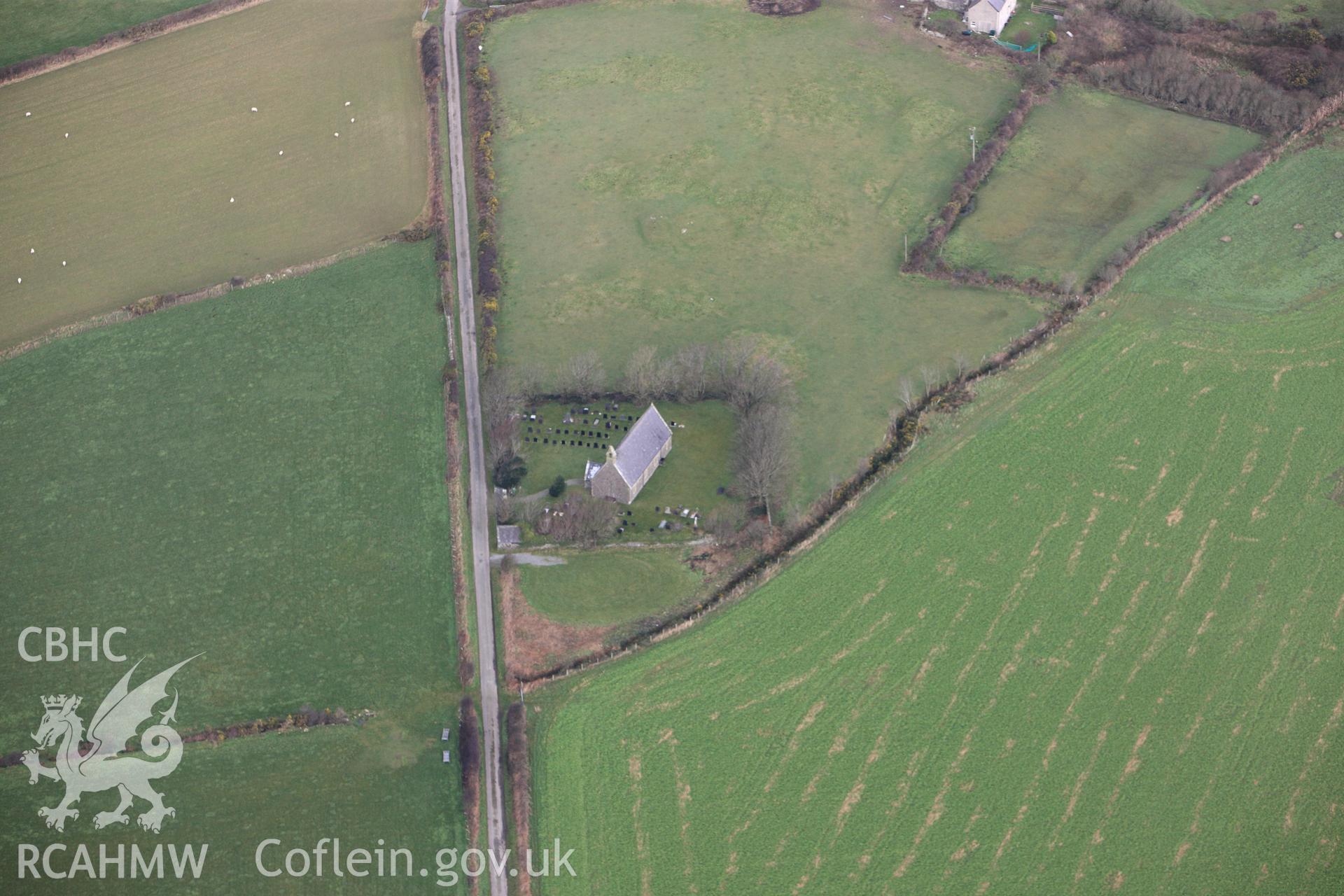 RCAHMW colour oblique photograph of St Marys Church, Llangwyfan. Taken by Toby Driver on 13/01/2012.
