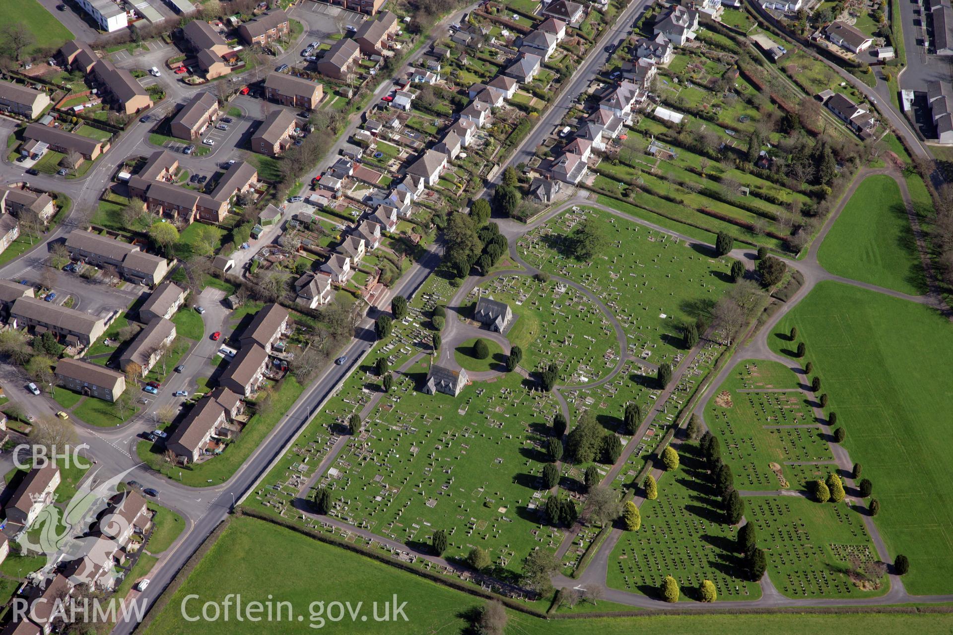 RCAHMW colour oblique photograph of Brecon cemetery. Taken by Toby Driver and Oliver Davies on 28/03/2012.