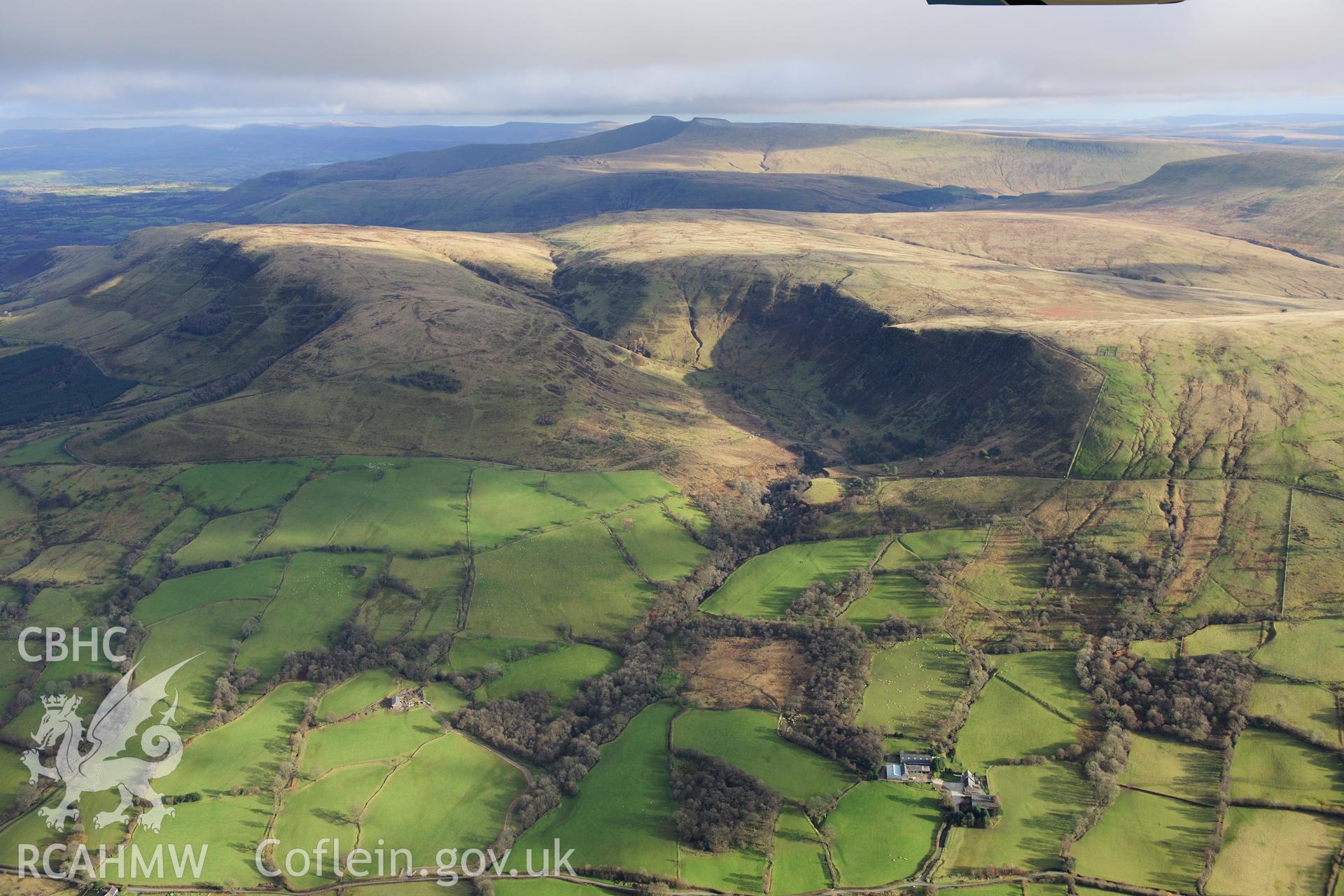 RCAHMW colour oblique photograph of Blaen Senni, upland landscape to east of. Taken by Toby Driver on 28/11/2012.