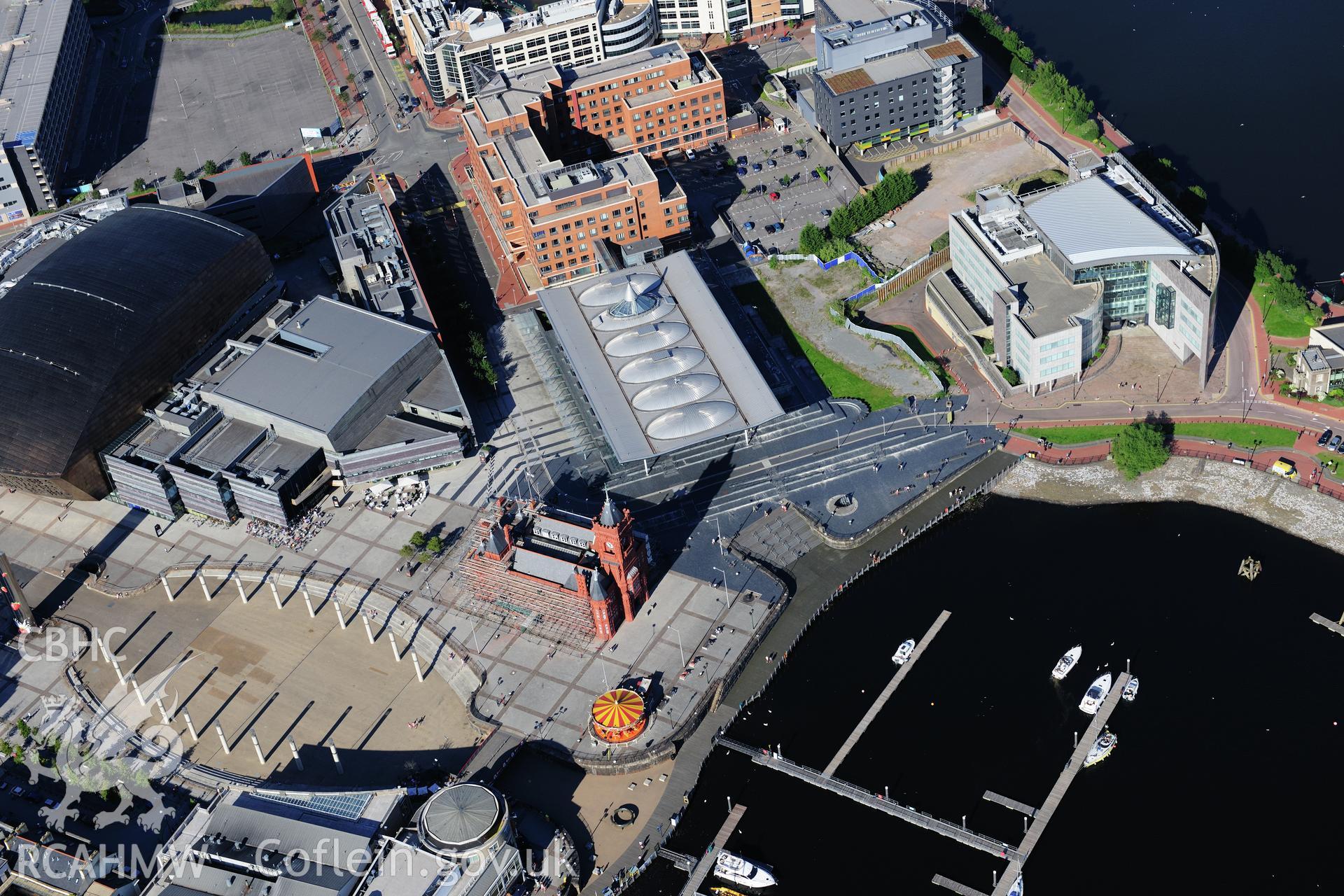 RCAHMW colour oblique photograph of Cardiff Bay, Pierhead Building and Senedd. Taken by Toby Driver on 24/07/2012.