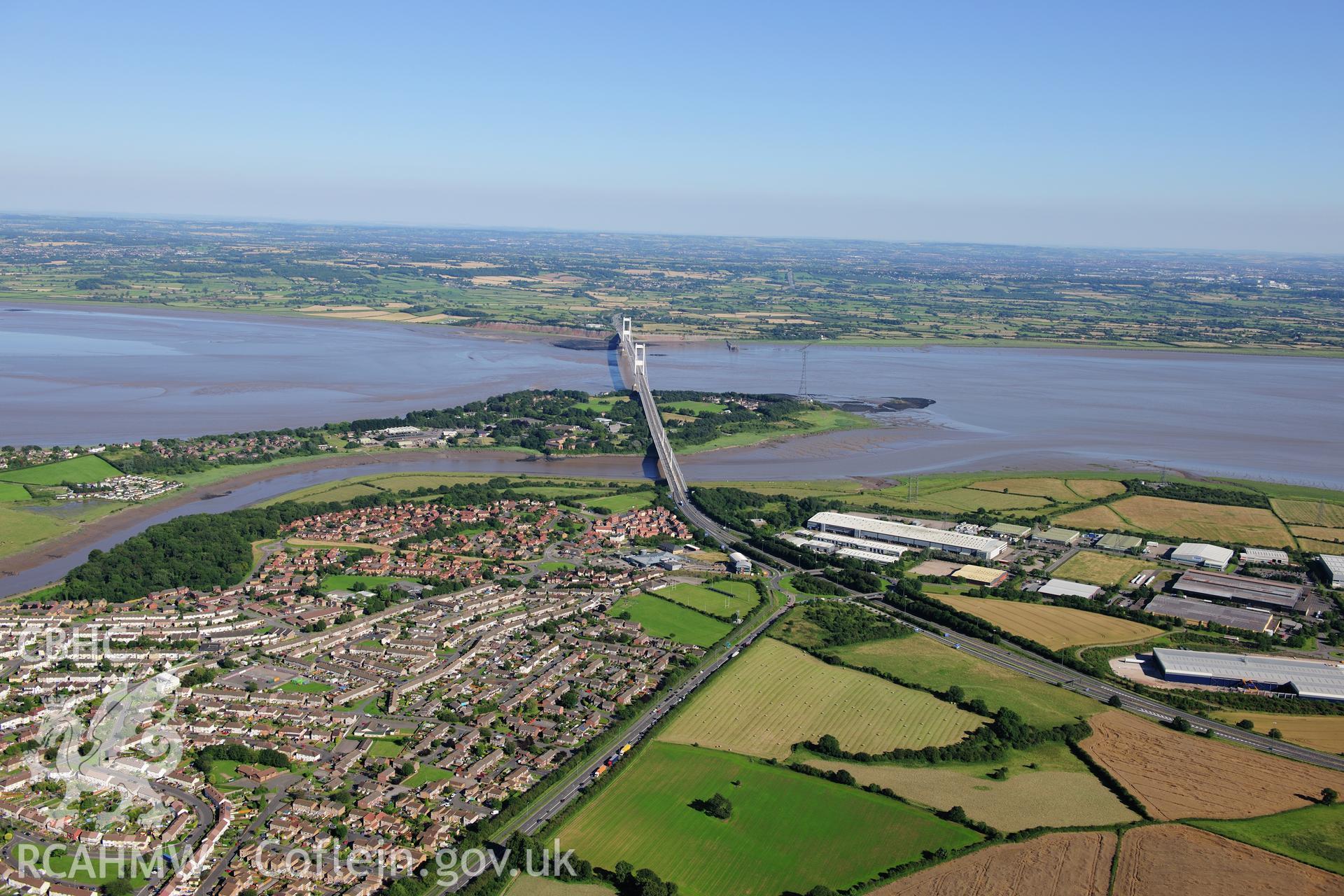 RCAHMW colour oblique photograph of Severn Bridge, view from Chepstow town. Taken by Toby Driver on 24/07/2012.