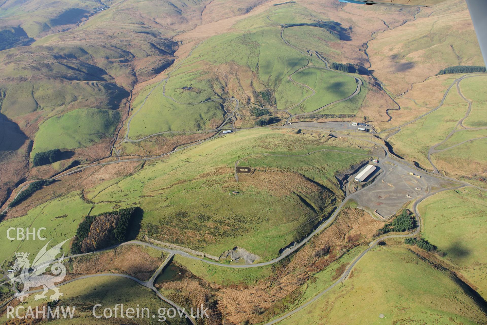 RCAHMW colour oblique photograph of Wye Valley Lead Mine, disused, with modern buildings and trackways. Taken by Toby Driver on 05/11/2012.